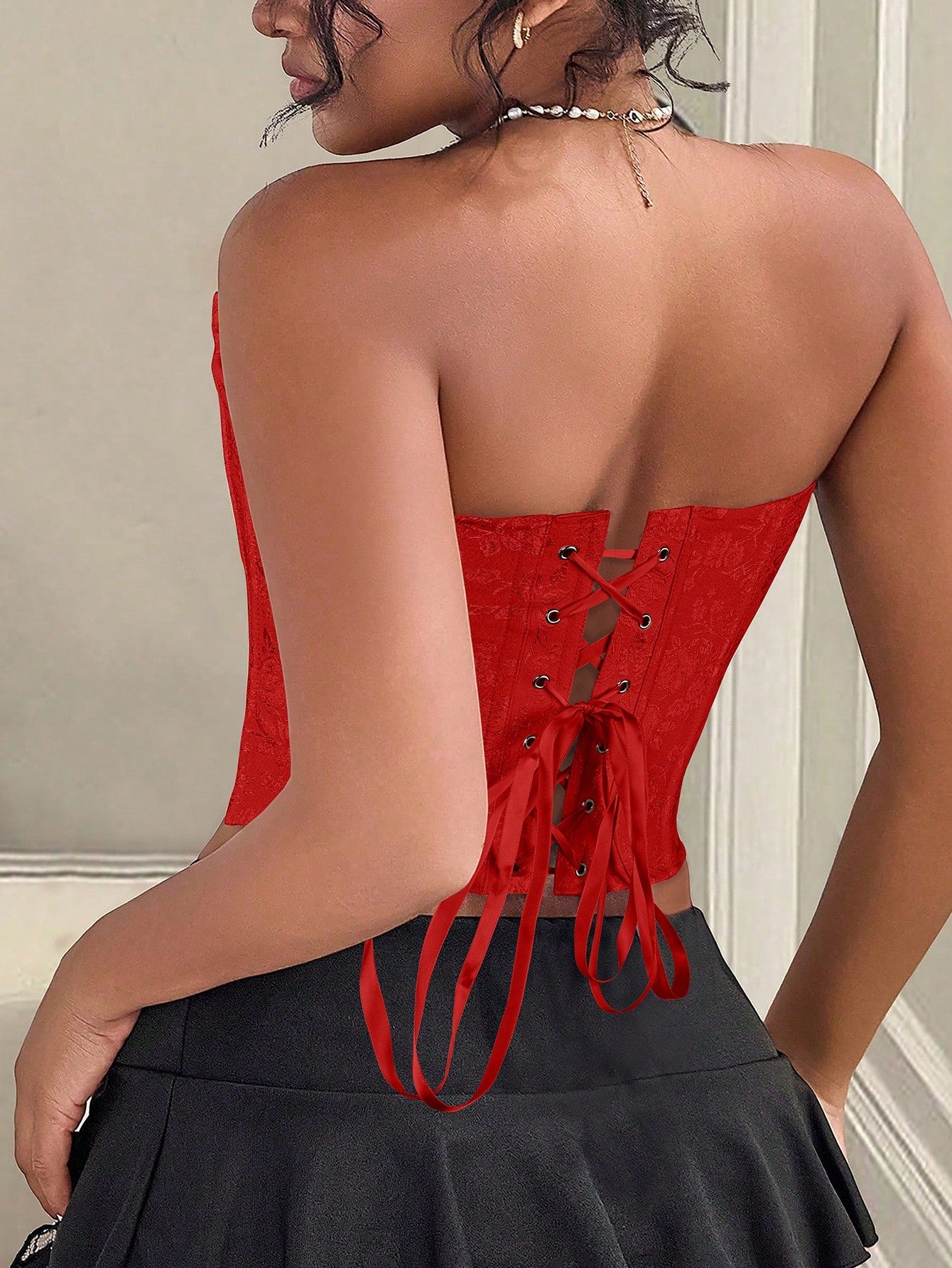 Women's Red Lace-Up Floral Corset Top