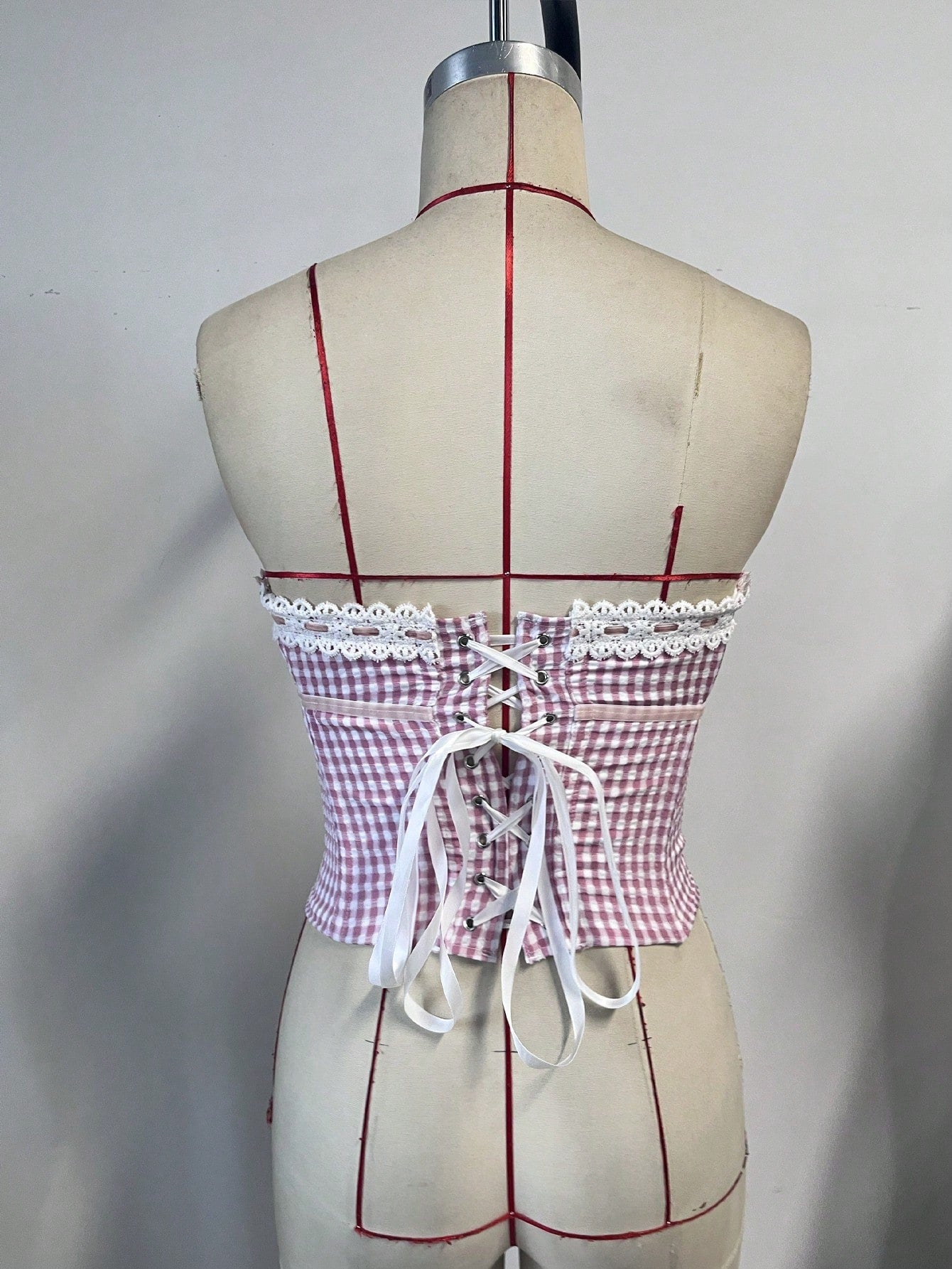 Women's Sweet Pink Gingham Corset Top with Lace Trim