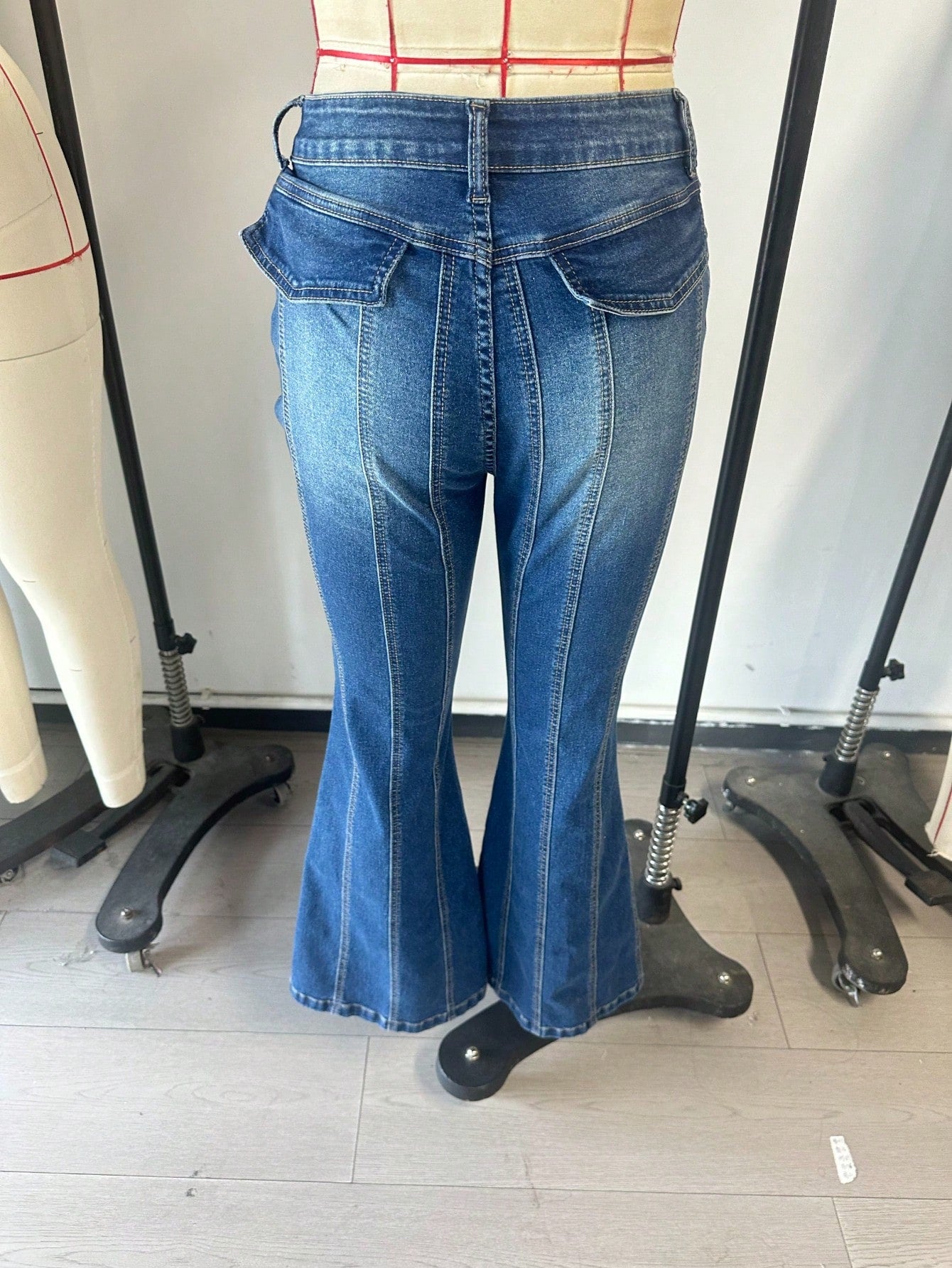 Women's Dark Blue High-Waist Flare Bell-Bottom Denim Jeans