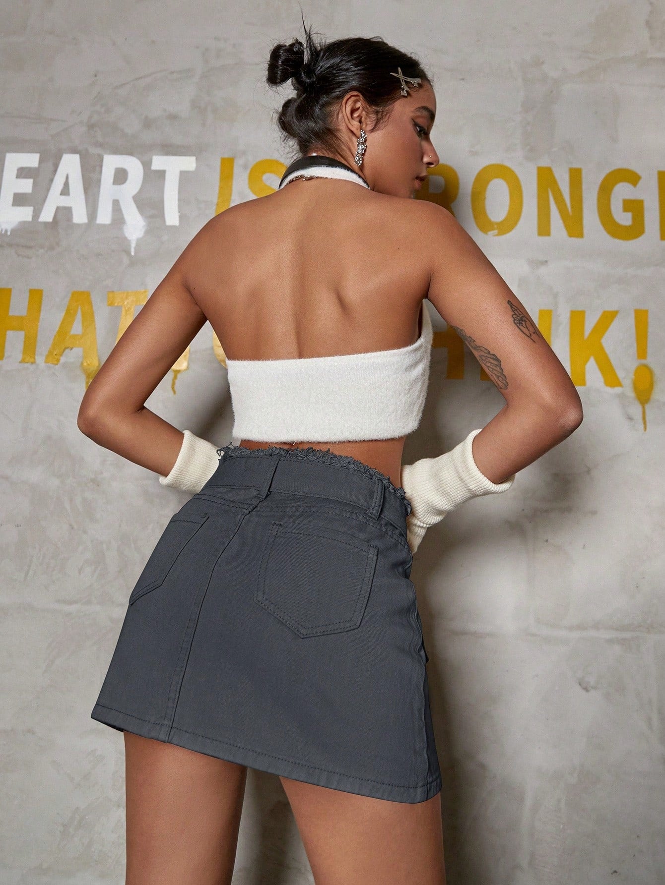 Women's Gray Denim Mini Skirt with Front Slit