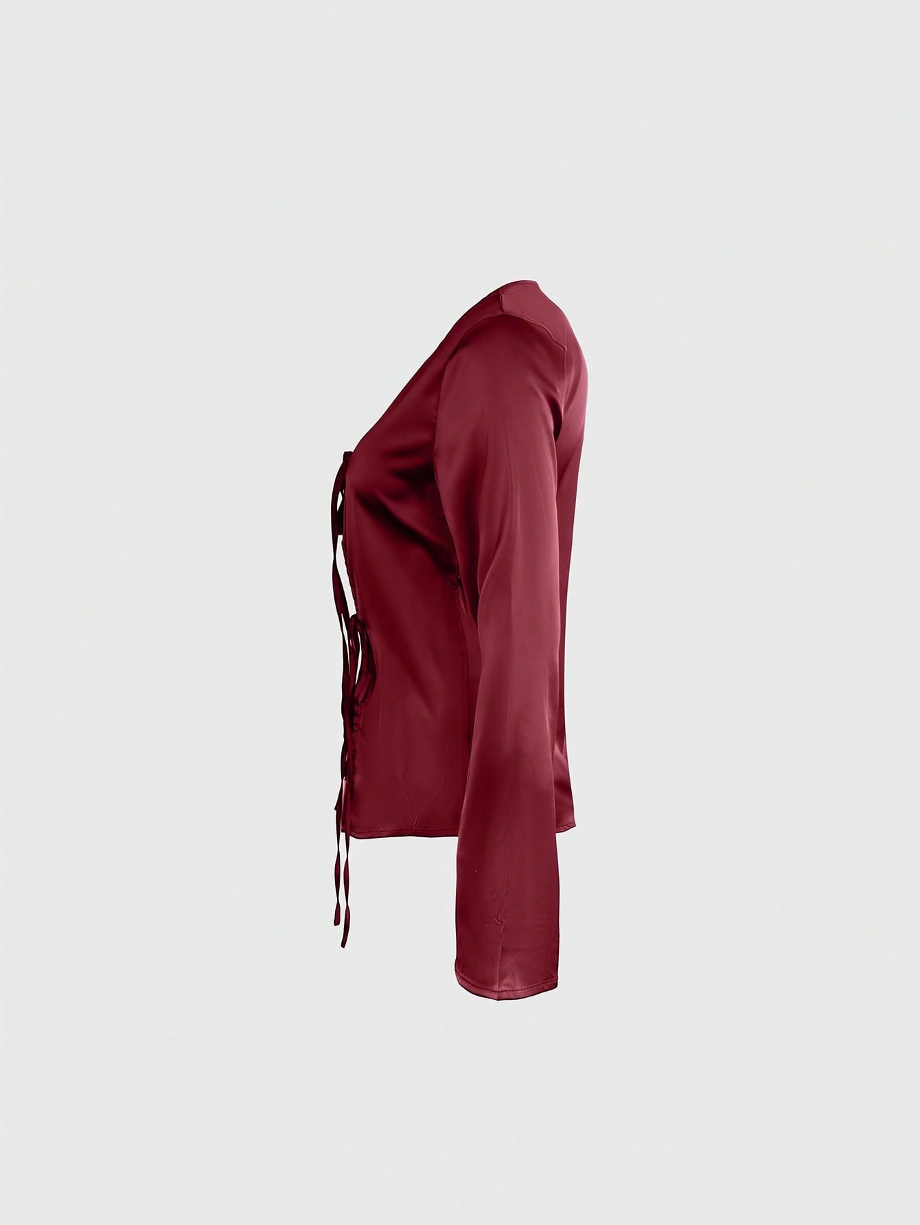 Women's Women Wine Red Satin Long Sleeve Tie Front V Neck Blouse