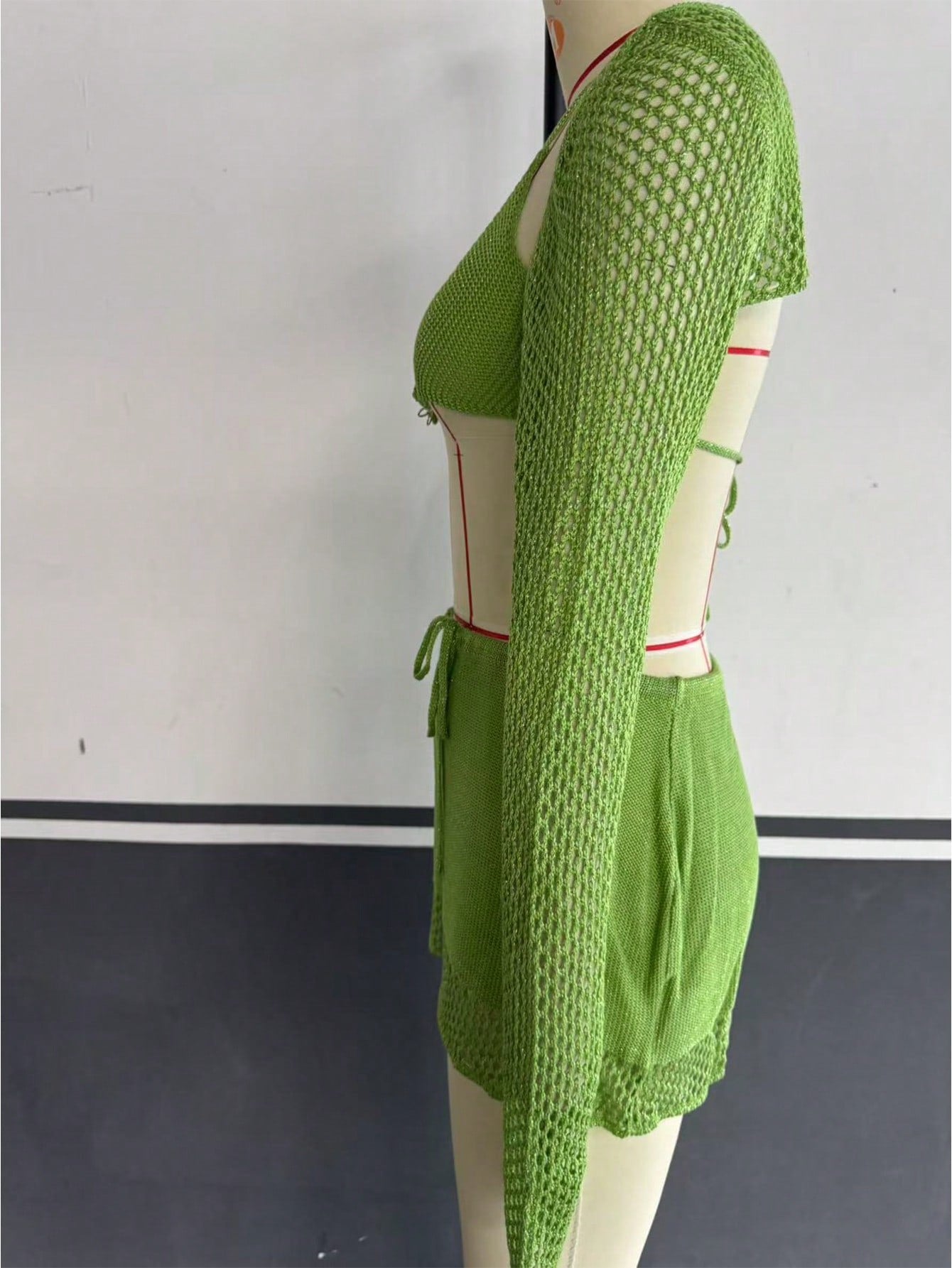 Women's Green Knit Two-Piece Set with Crop Top and Mini Skirt