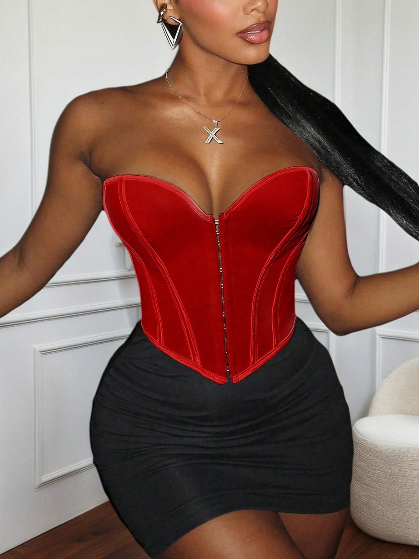 Women's Vibrant Red Boned Corset Top with Hook and Eye Closure