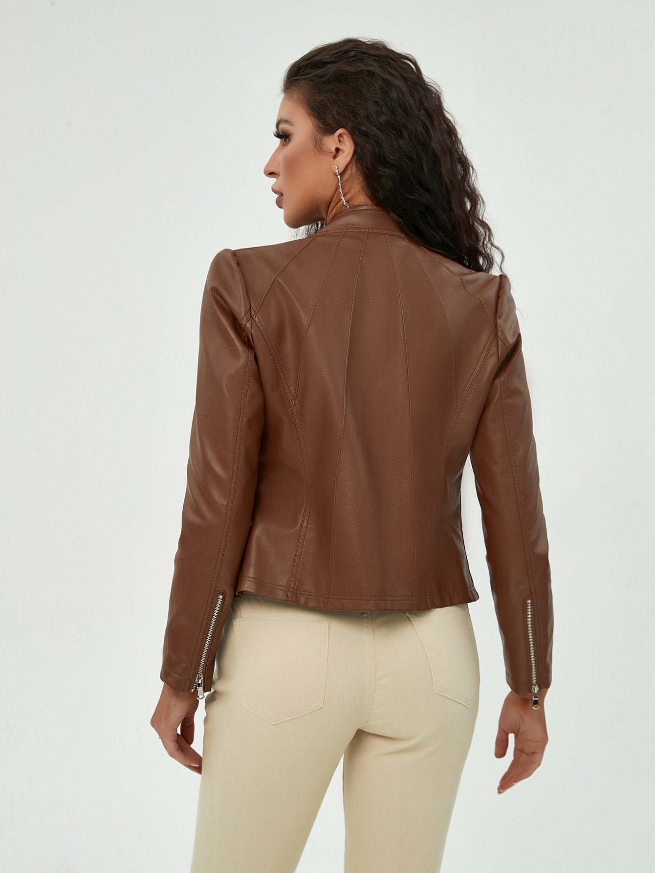 Women's Brown Faux Leather Biker Jacket - Edgy Chic Casual & Layered Outerwear