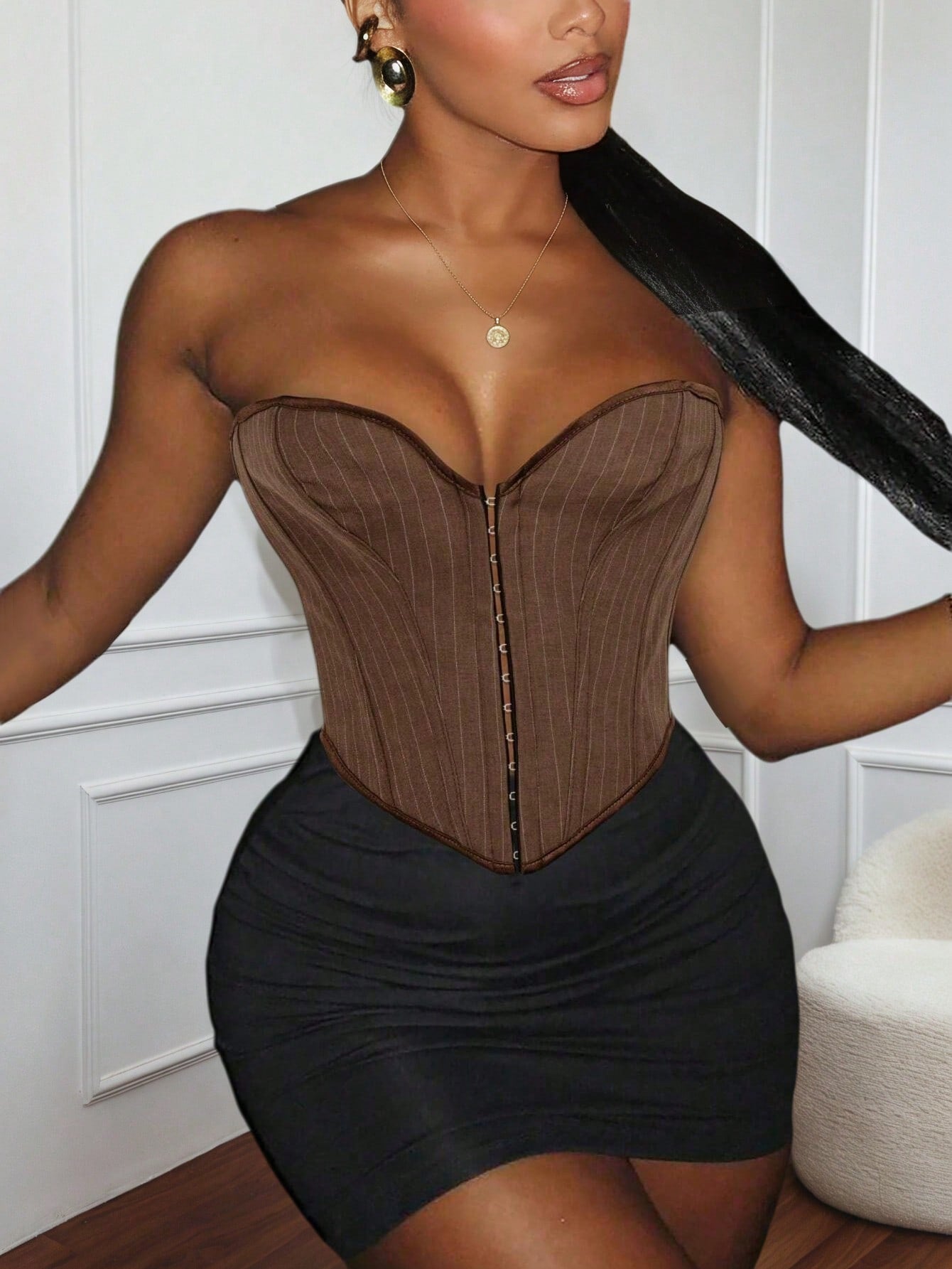 Women's Brown Pinstripe Boned Corset Top with Hook and Eye Closure
