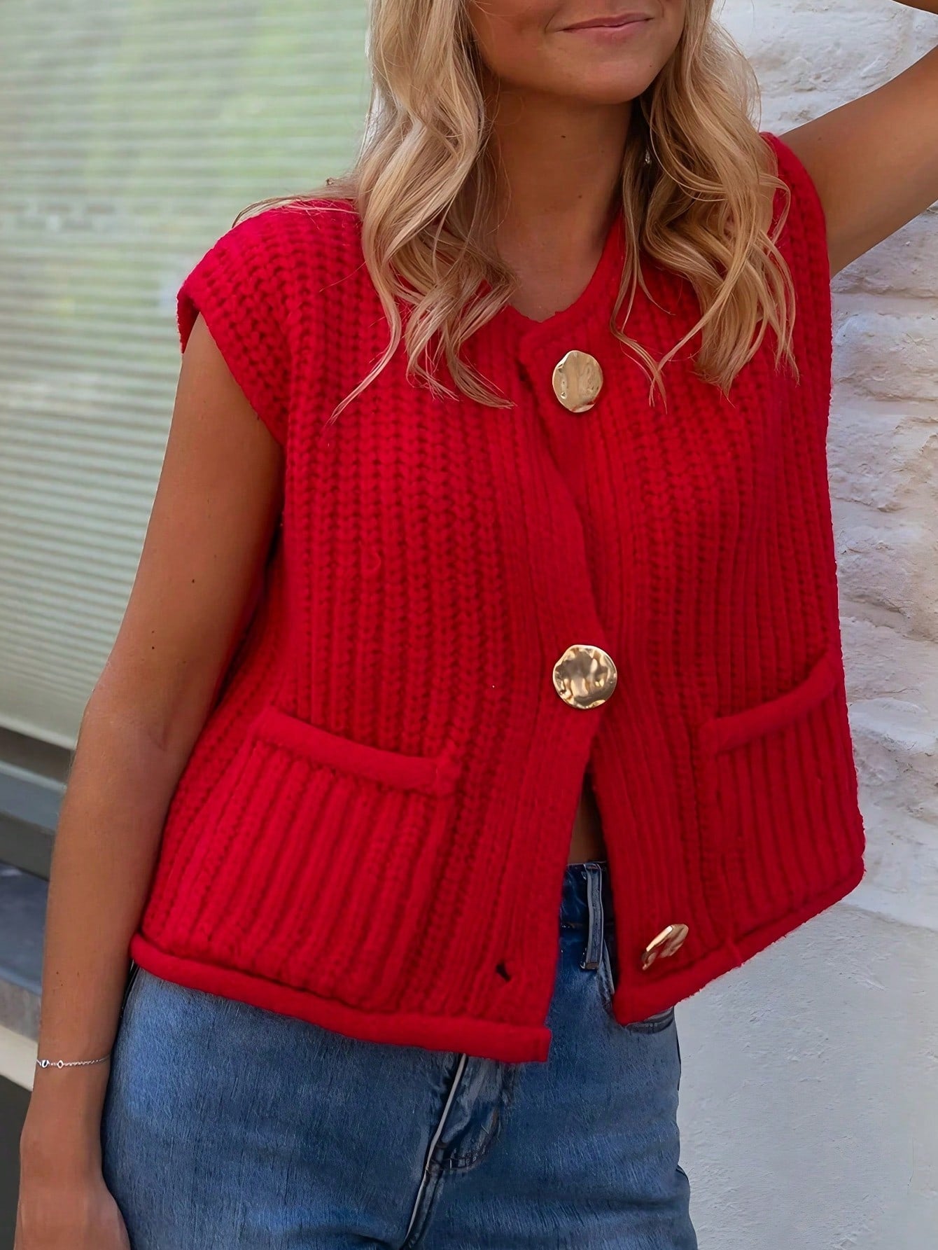 Women's Red Chunky Knit Vest with Gold Buttons