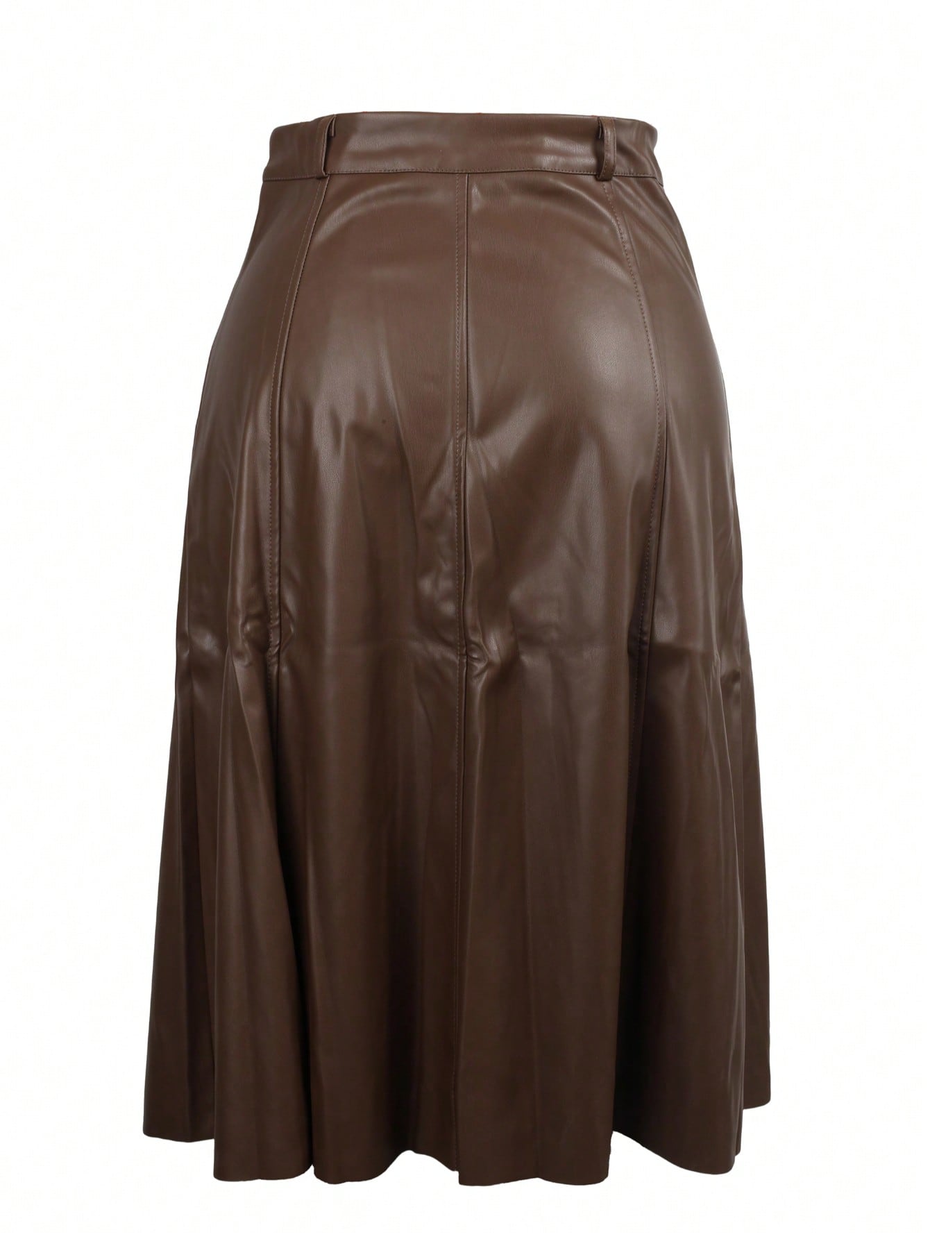Women's Brown PU Leather A-Line Skirt High Waisted Midi Faux Leather Skirt