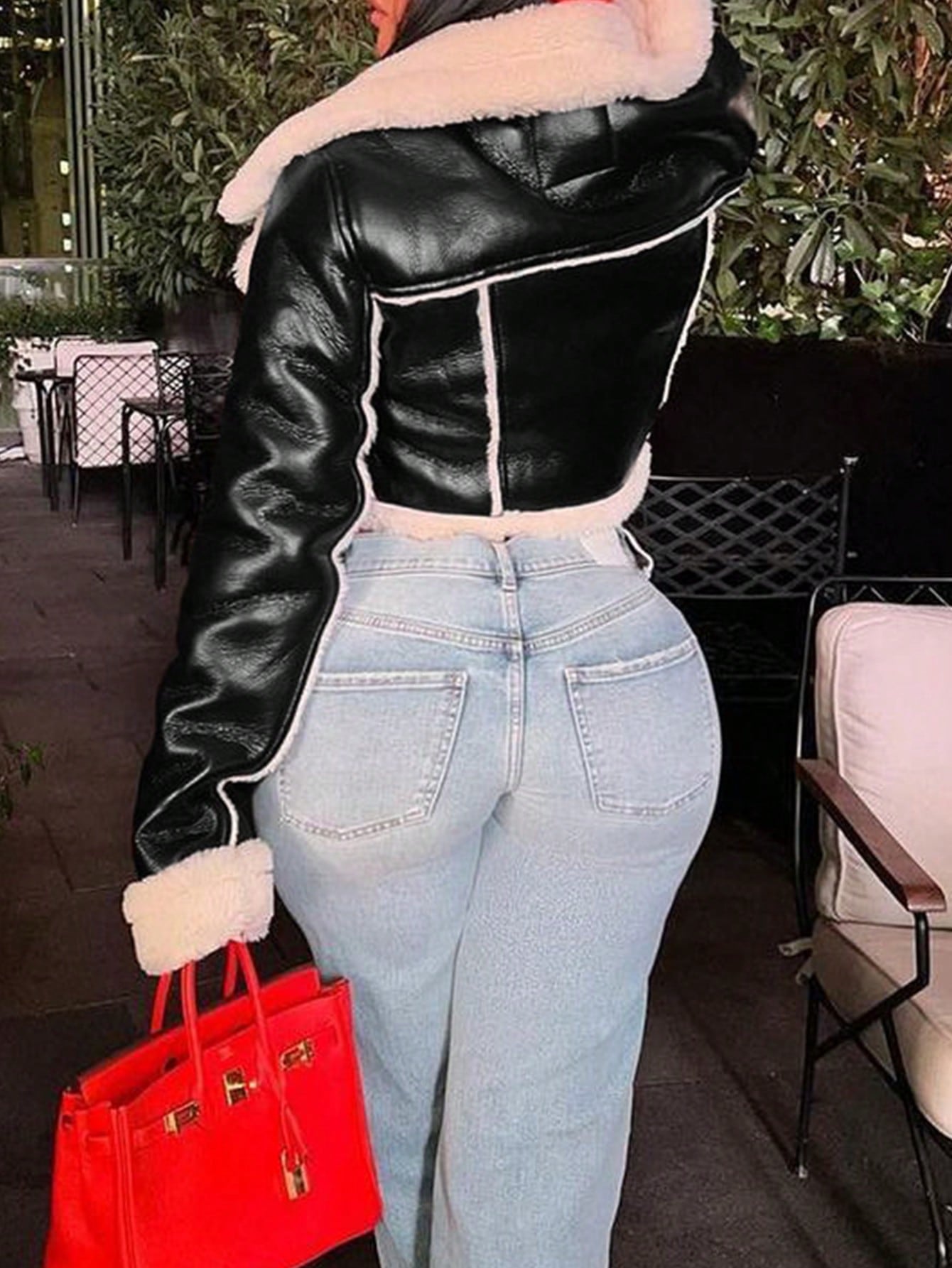 Women's Black Faux Leather Coat with Shearling Collar, Trendy Cropped Puffer Coat for Winter