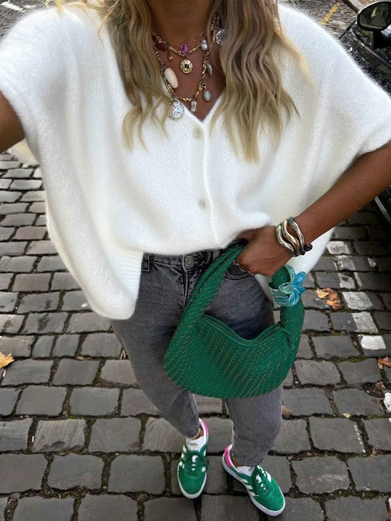 Women's Oversized White Knit Cardigan with Batwing Sleeves