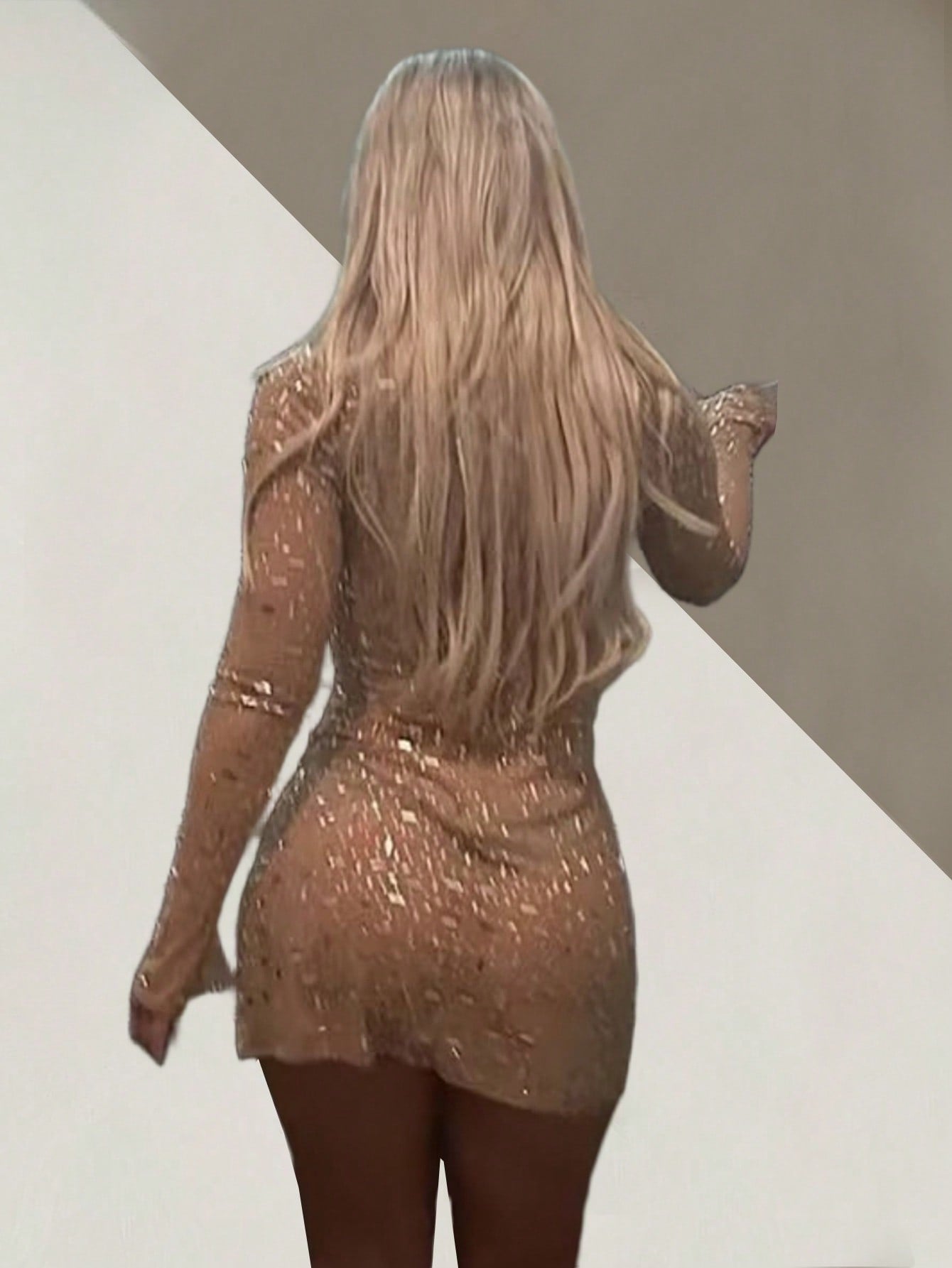 Women's Rhinestone Embellished Long Sleeve Mini Dress - Square Neck Bodycon Party Dress