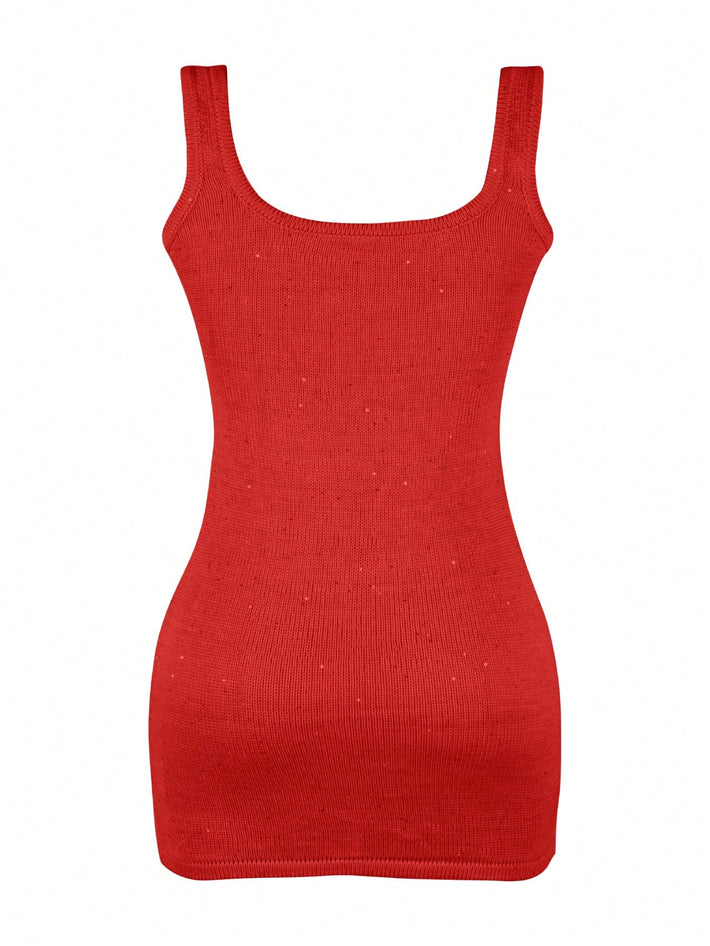 Women's Red Acrylic Knit Sleeveless Graphic Mini Dress with Sea Life Pattern