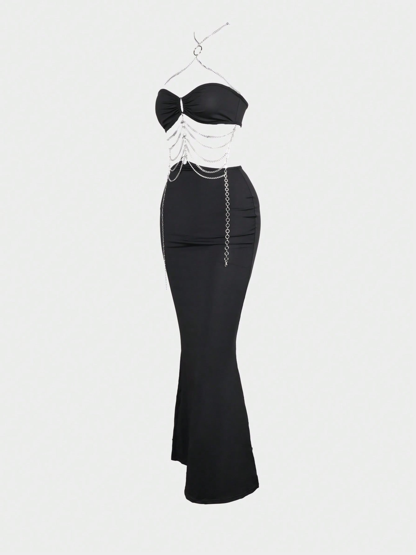 Women's Black Bodycon Maxi Dress with Silver Chain Fringe and Cutout Details
