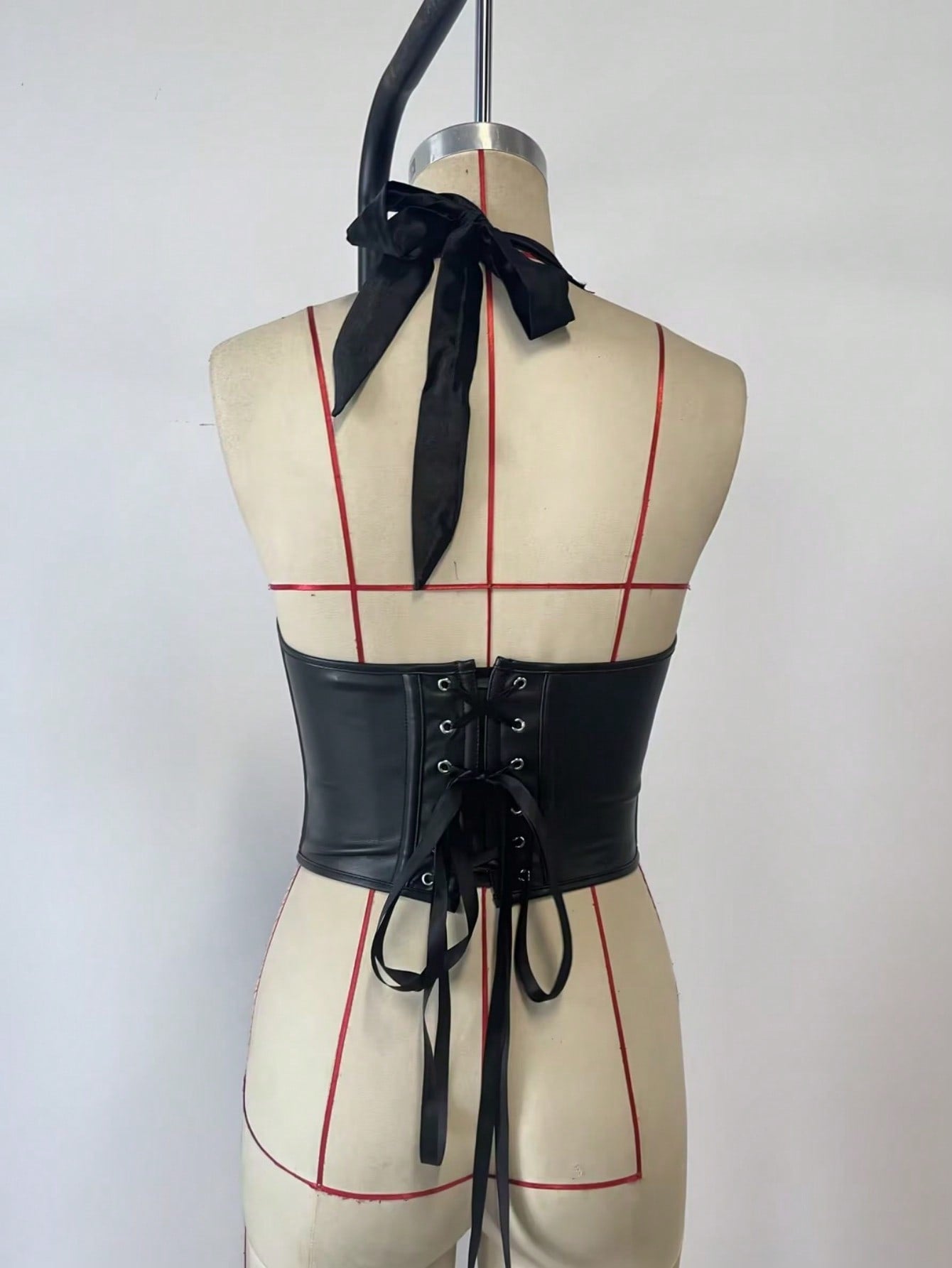 Women's Black PU Leather Halter Neck Lace-Up Corset Top