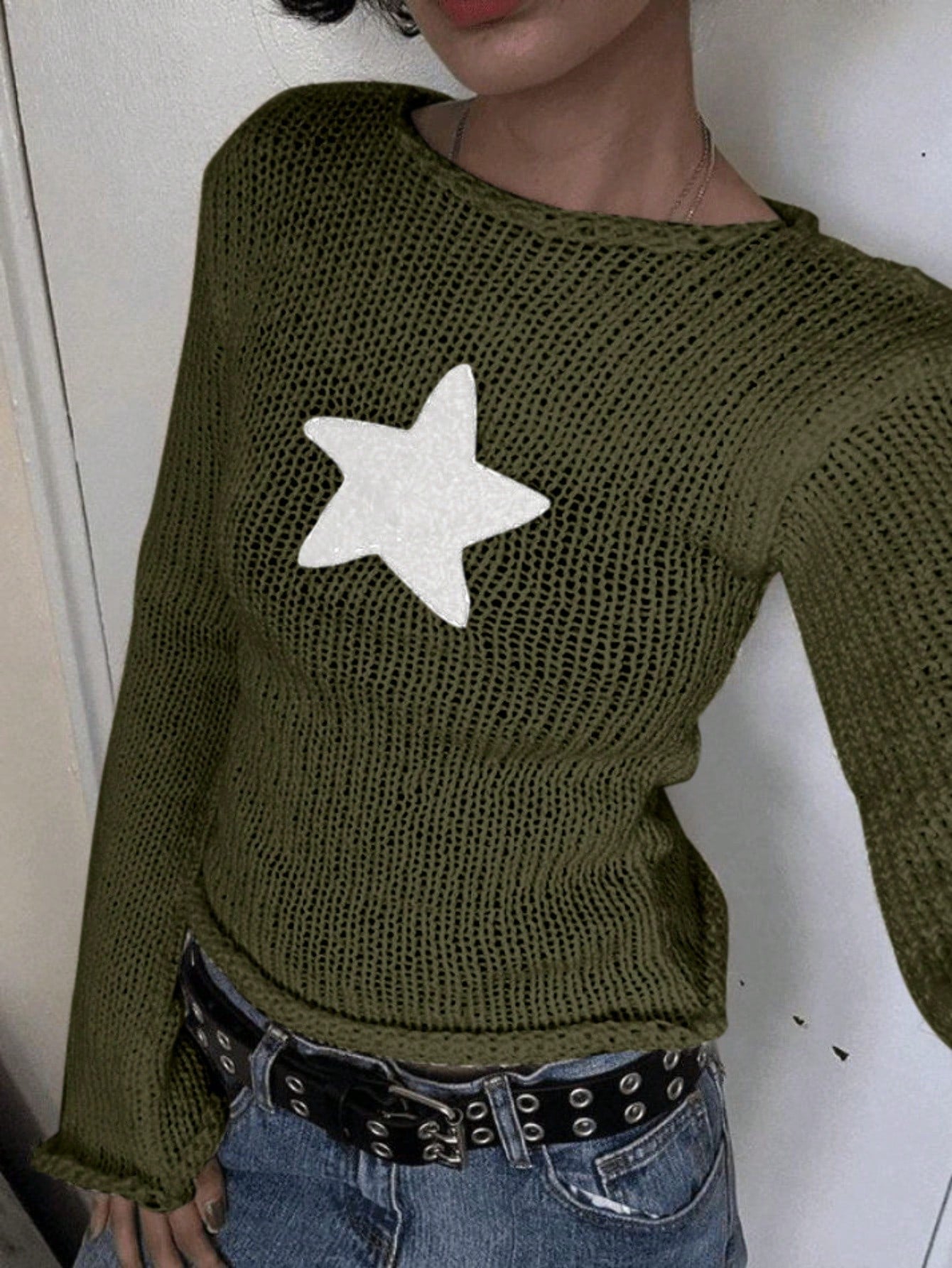 Women's Olive Green Knitted Sweater with White Star Detail, Casual Chic Cropped Pullover