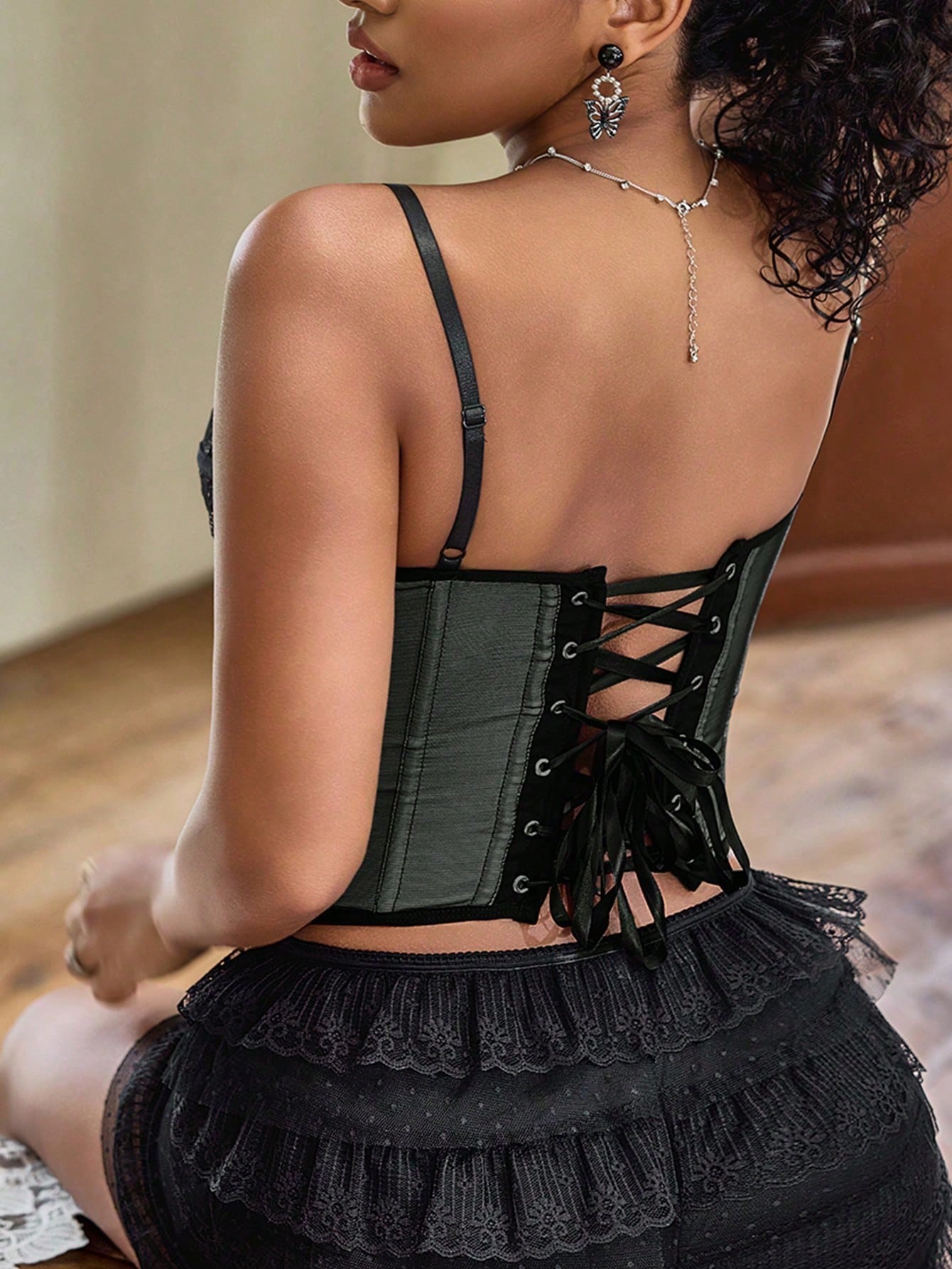Women's Women Sexy Black Lace Panel Corset Top Sleeveless Hook and Eye Vest