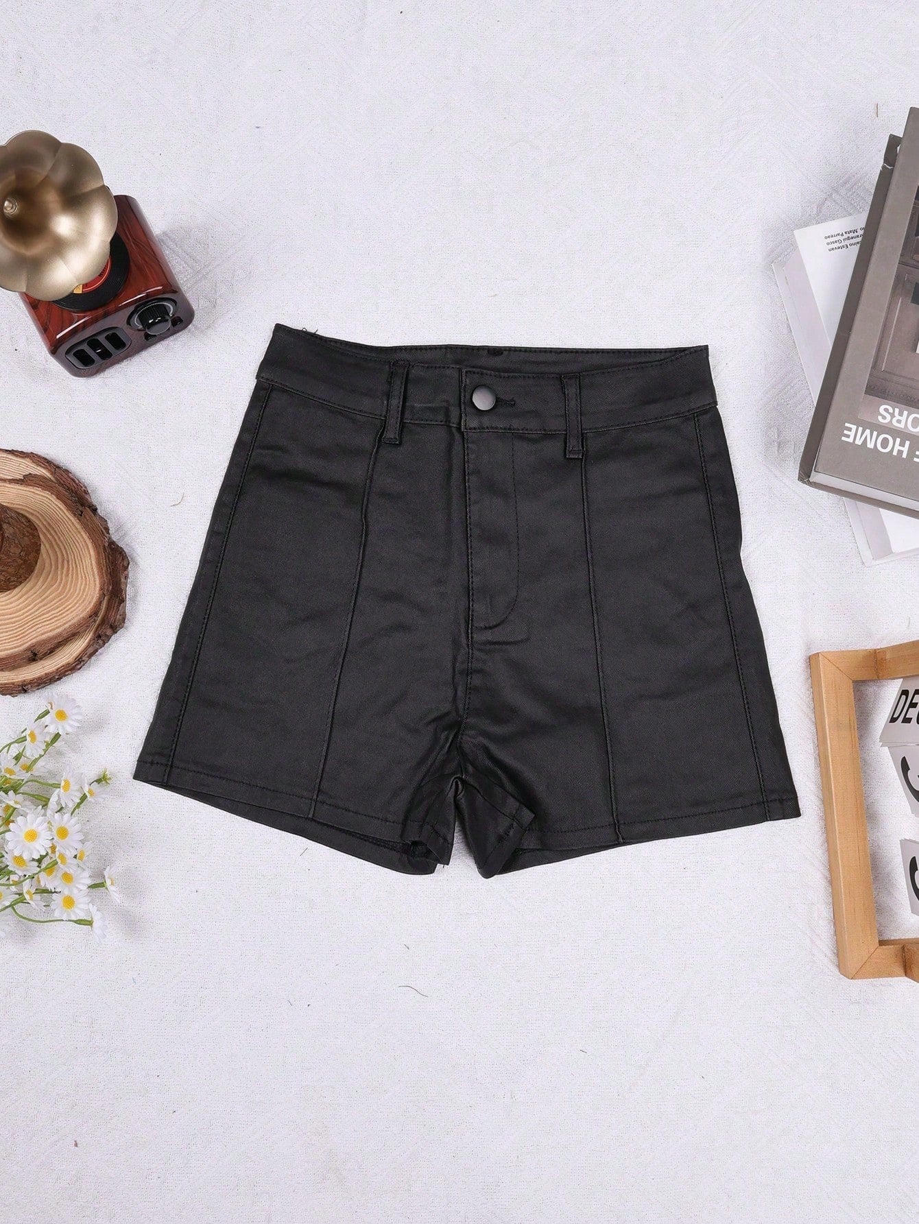 Women's Black Faux Leather High-Waisted Shorts with Button Detail