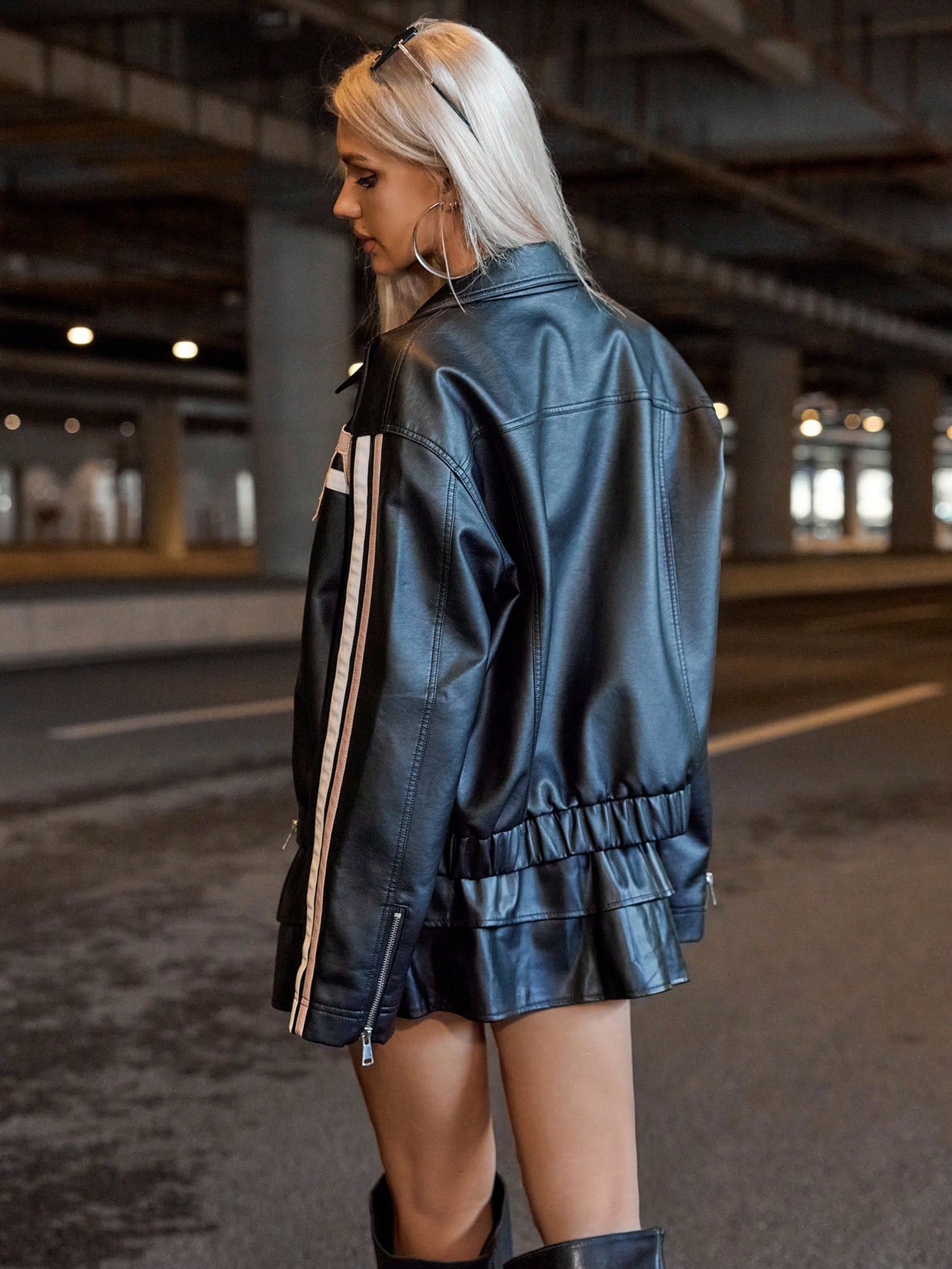 Women's Black PU Leather Bow Graphic Zip-Up Bomber Jacket