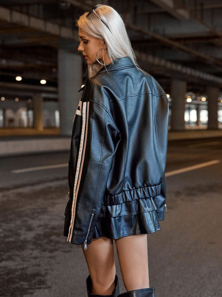 Women's Black PU Leather Bow Graphic Zip-Up Bomber Jacket