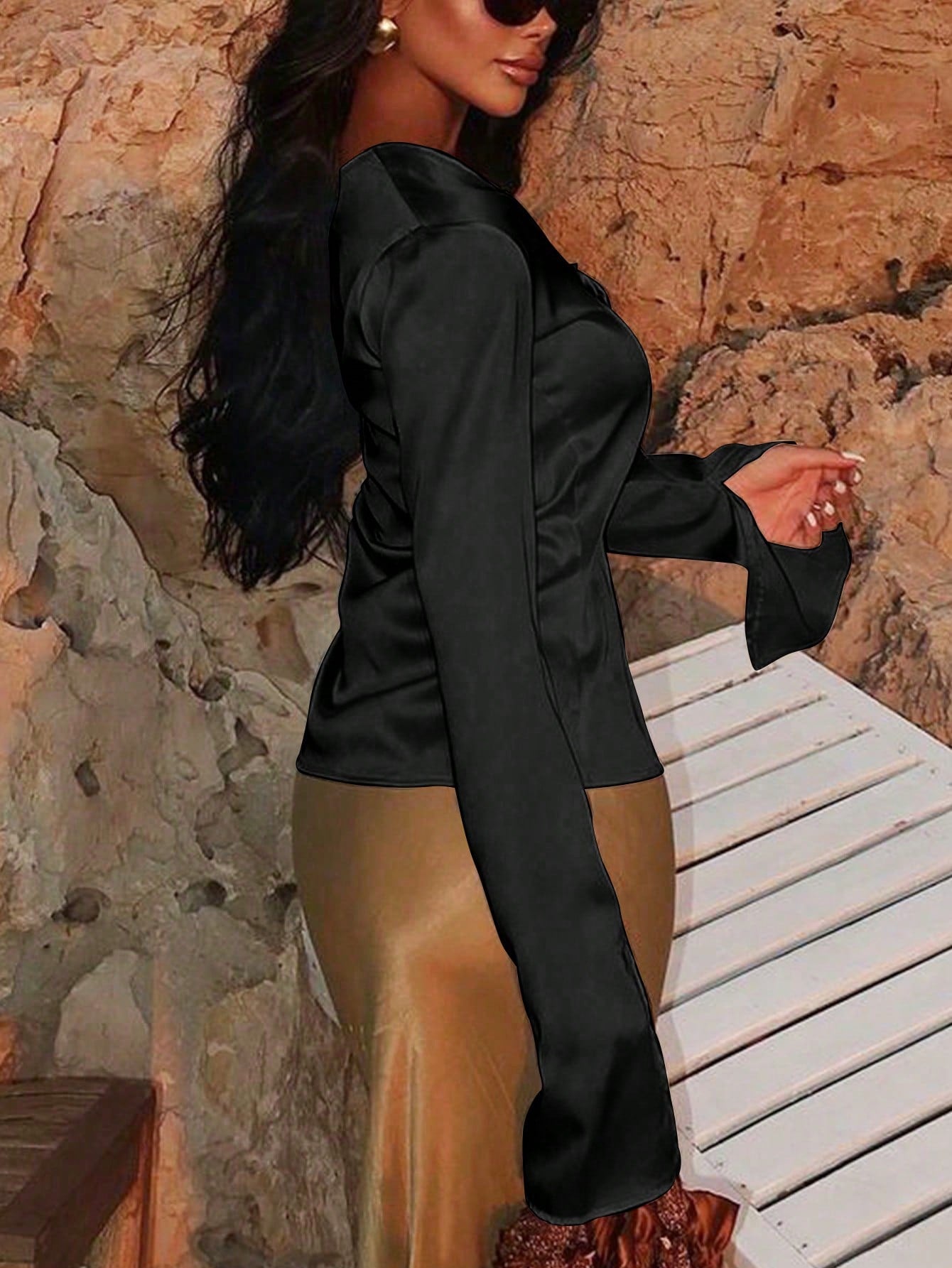 Women's Black Satin Tie-Front V-Neck Top with Long Sleeves
