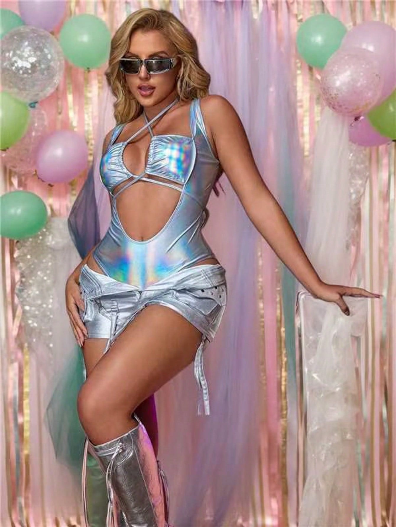 Women's Silver Cotton Blend Holographic Corset Top with Criss-Cross Detail