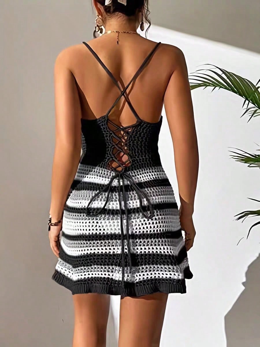 Women's Crochet Knit Cami Mini Dress Striped Hollow Out Beachwear