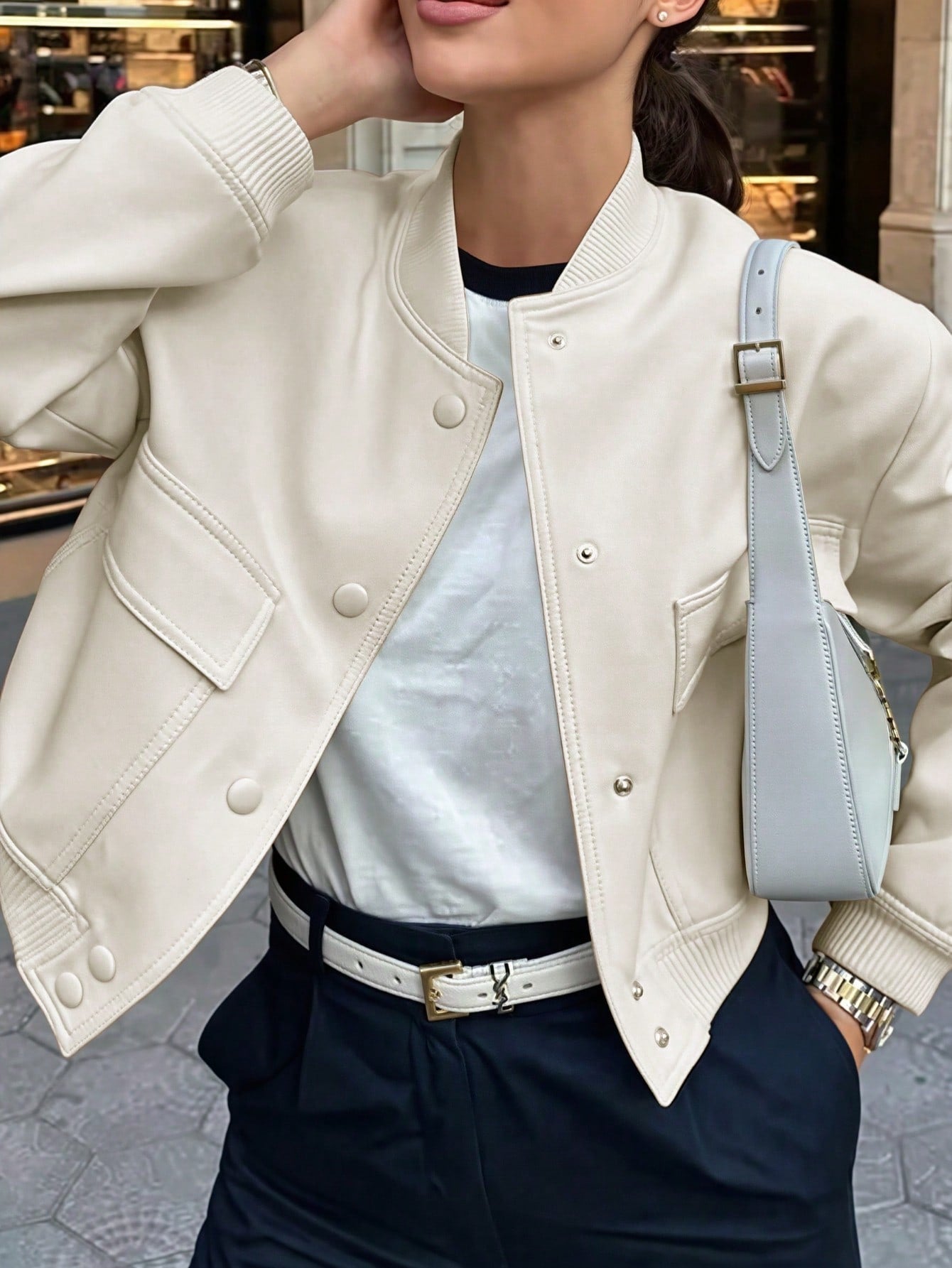 Women's Off-White Faux Leather Snap-Front Bomber Jacket with Flap Pockets