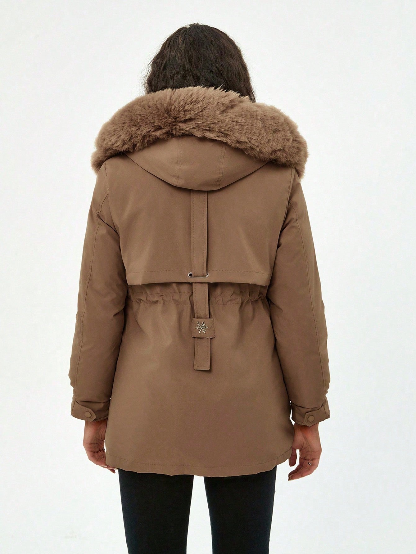 Women's Coffee Brown Faux Fur Hooded Parka Jacket Winter Warm Coat