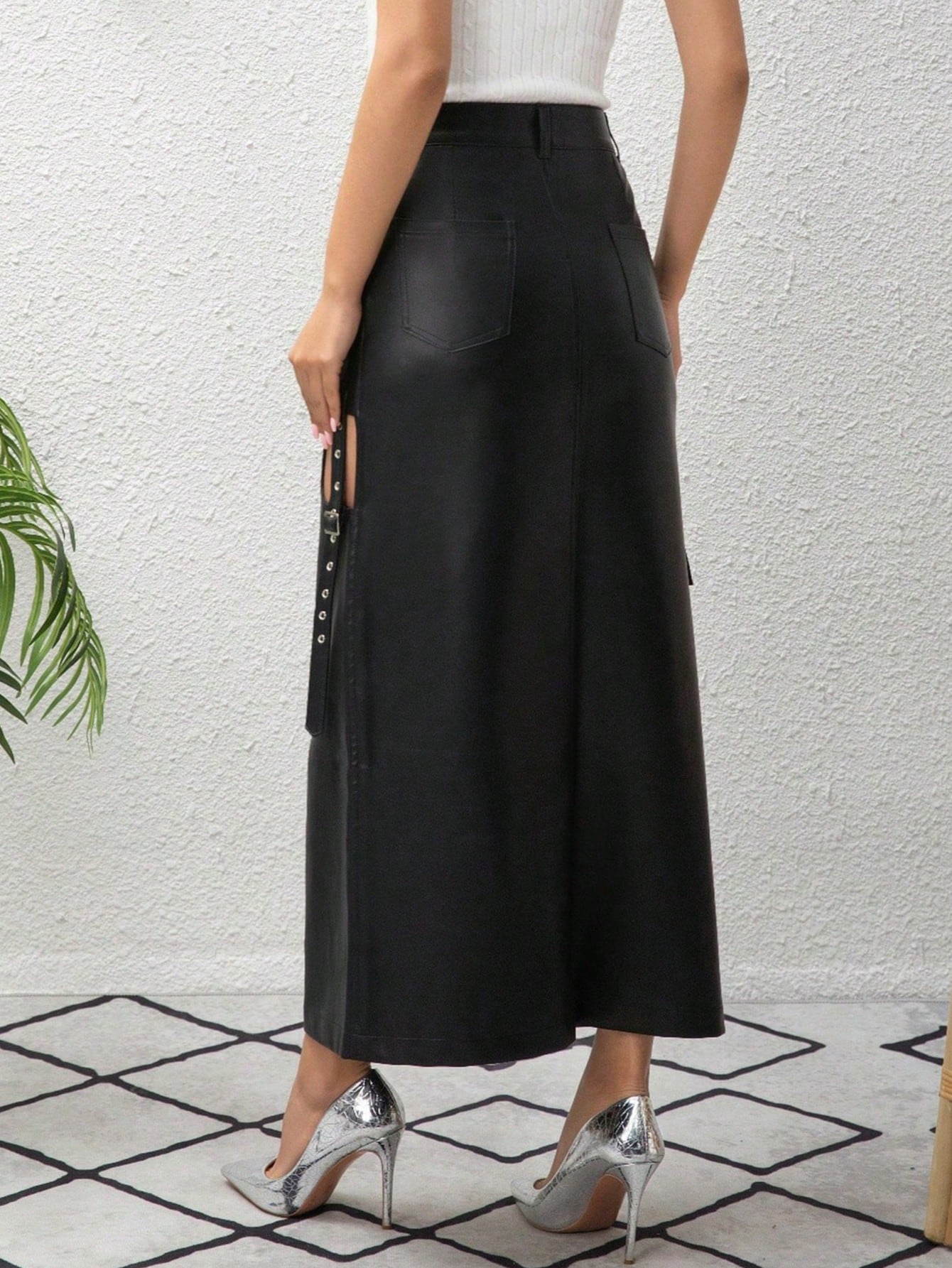 Women's Faux Leather Maxi Skirt with High Slit and Belt Detail Sexy Party Long Skirts