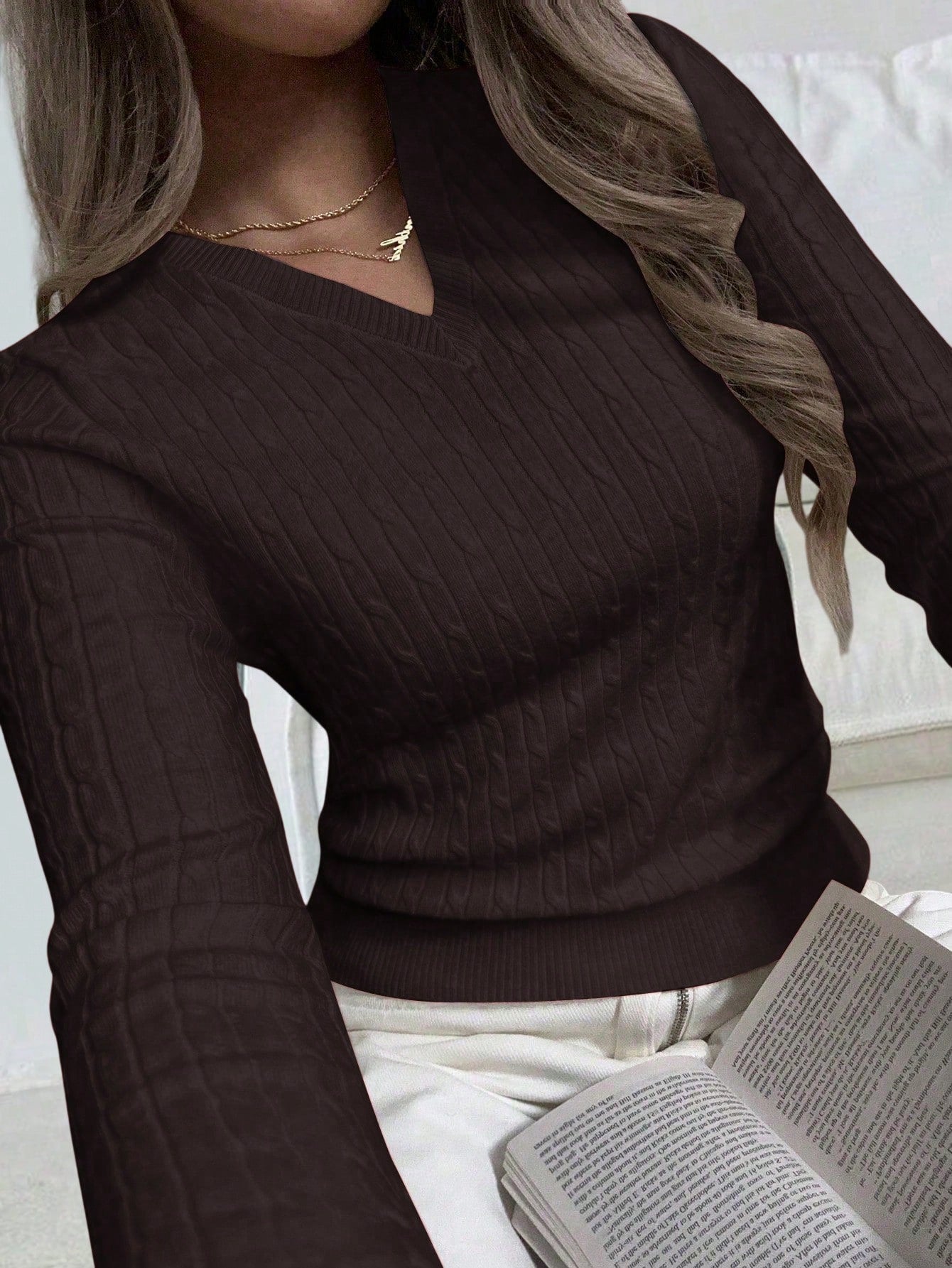 Women's Brown Ribbed Knit Midi Bodycon Dress