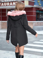 Women's Black Winter Parka Coat with Pink Faux Fur Trim Hood Warm Fleece Lining