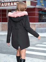 Women's Black Winter Parka Coat with Pink Faux Fur Trim Hood Warm Fleece Lining
