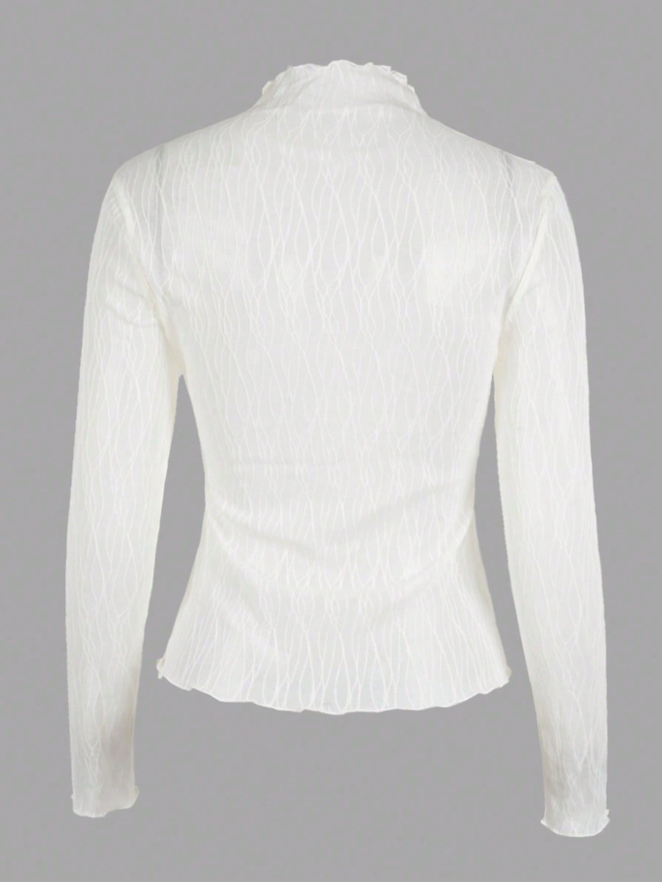 Women's Women White Sheer Mesh Long Sleeve Top Wavy Pattern Lettuce Edge