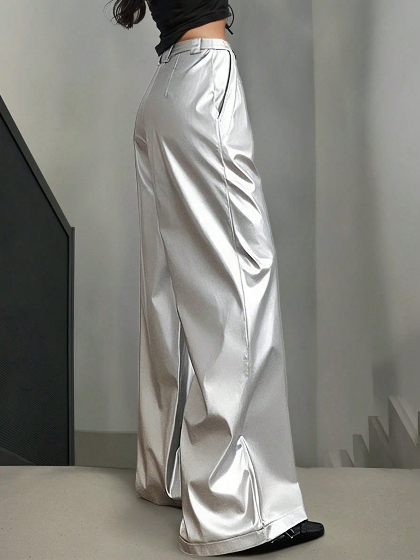Women's Silver Satin Wide-Leg Pants - High-Waisted Casual Fashion Trousers