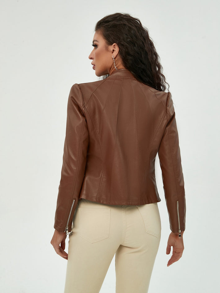 Women's Vintage Brown Faux Leather Jacket with Multiple Zippers