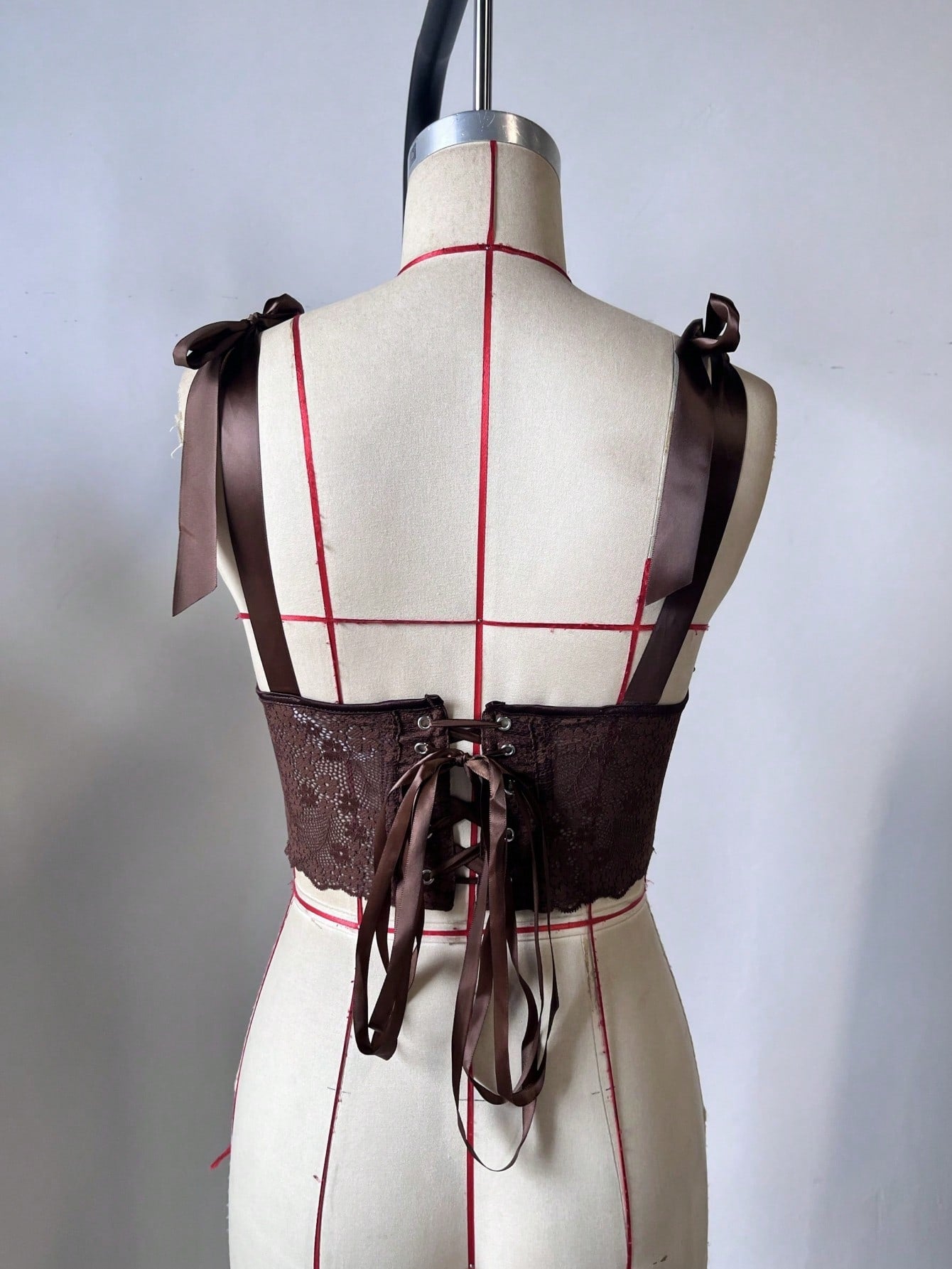 Women's Brown Sheer Floral Lace Ribbon Strap Bustier Top