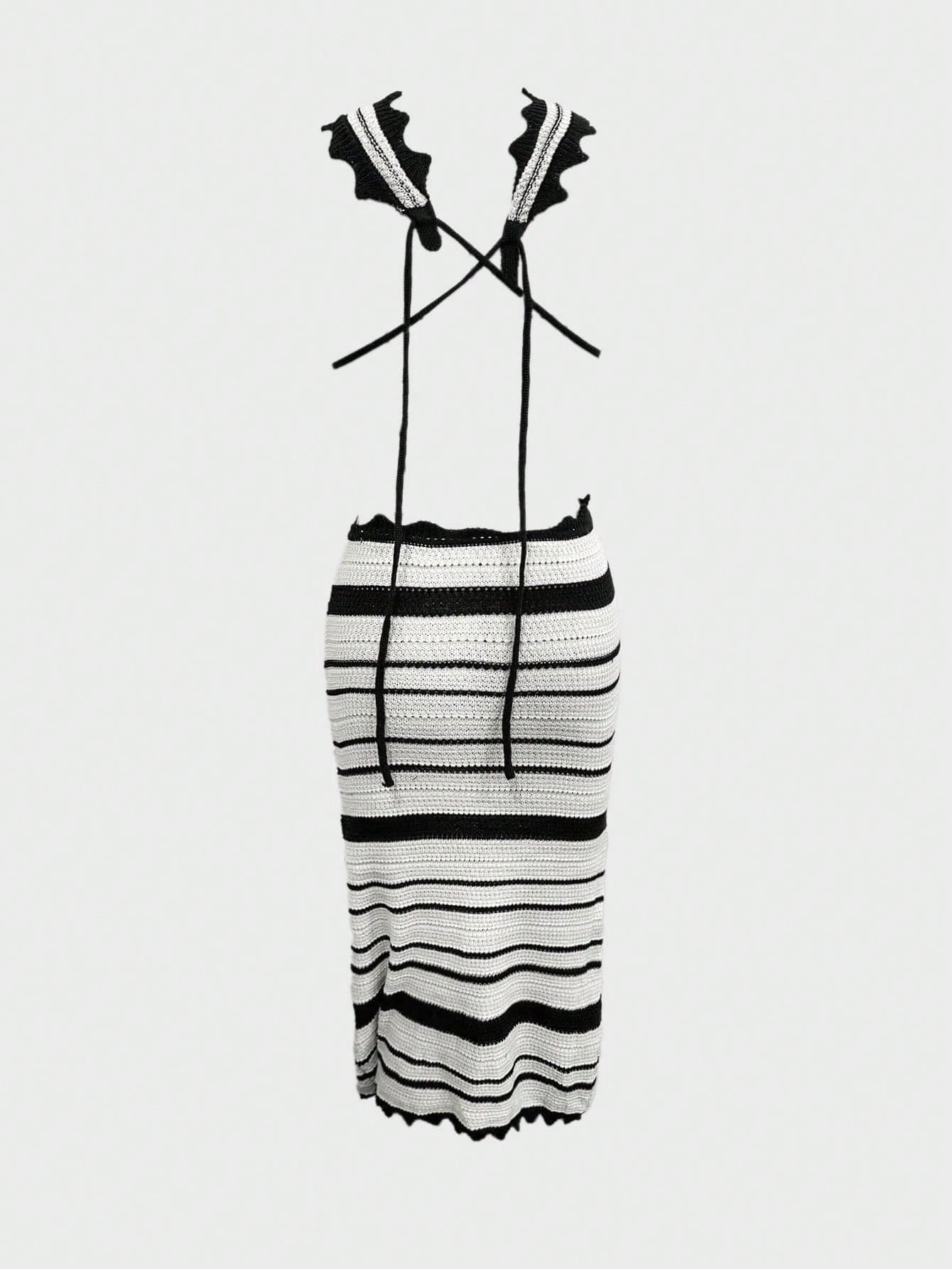 Women's Black and White Striped Polyester Knit Camisole Vest and Mini Skirt Set