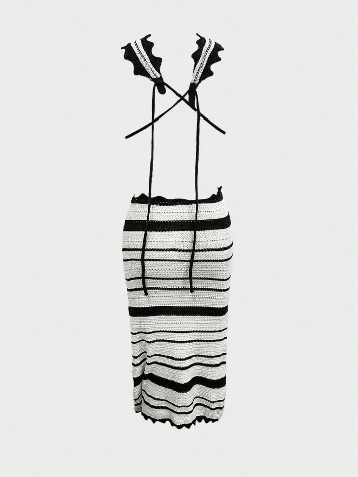 Women's Black and White Striped Polyester Knit Camisole Vest and Mini Skirt Set