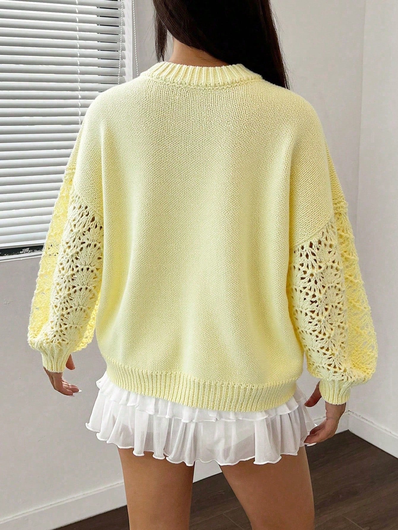 Women's Bright Yellow Open Front Knit Cardigan with Crochet Sleeve Detail