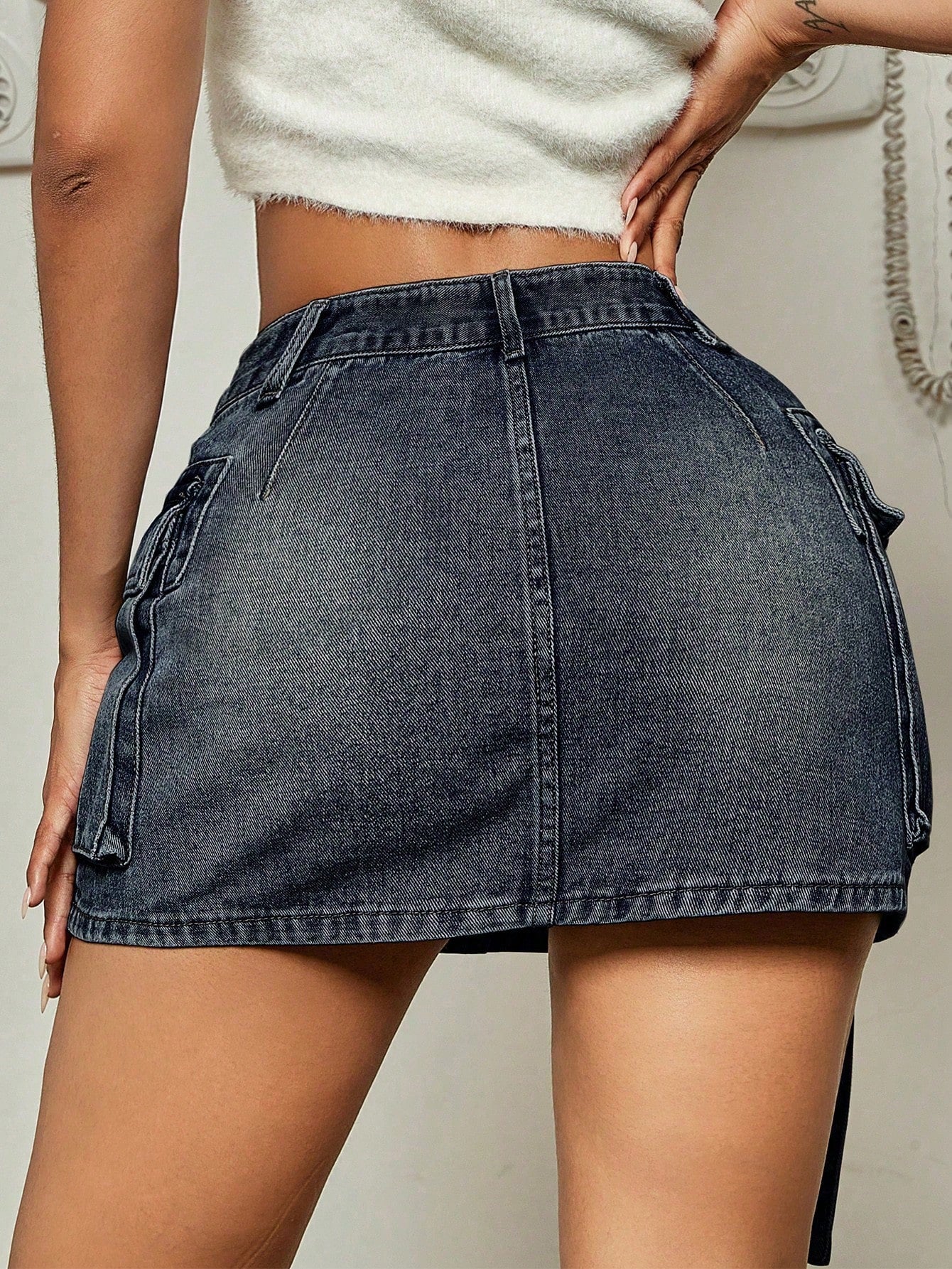 Women's Dark Wash Denim Mini Skirt with Cargo Pockets and Belt Detail Y2K Style