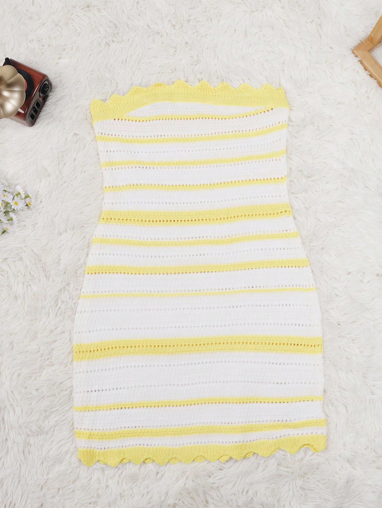 Women's Strapless Knit Bodycon Mini Dress Striped Scalloped Edge