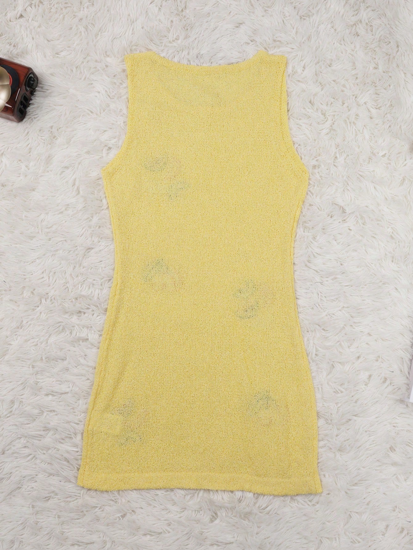 Women's Yellow Fruit Print Embroidered Sleeveless Knit Dress