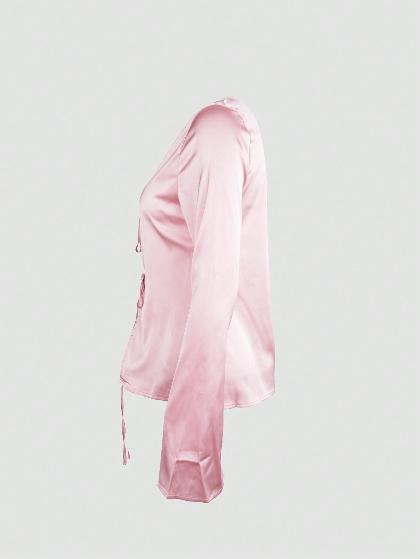 Women's Pink Satin Tie-Front Long Sleeve Top with V-Neck