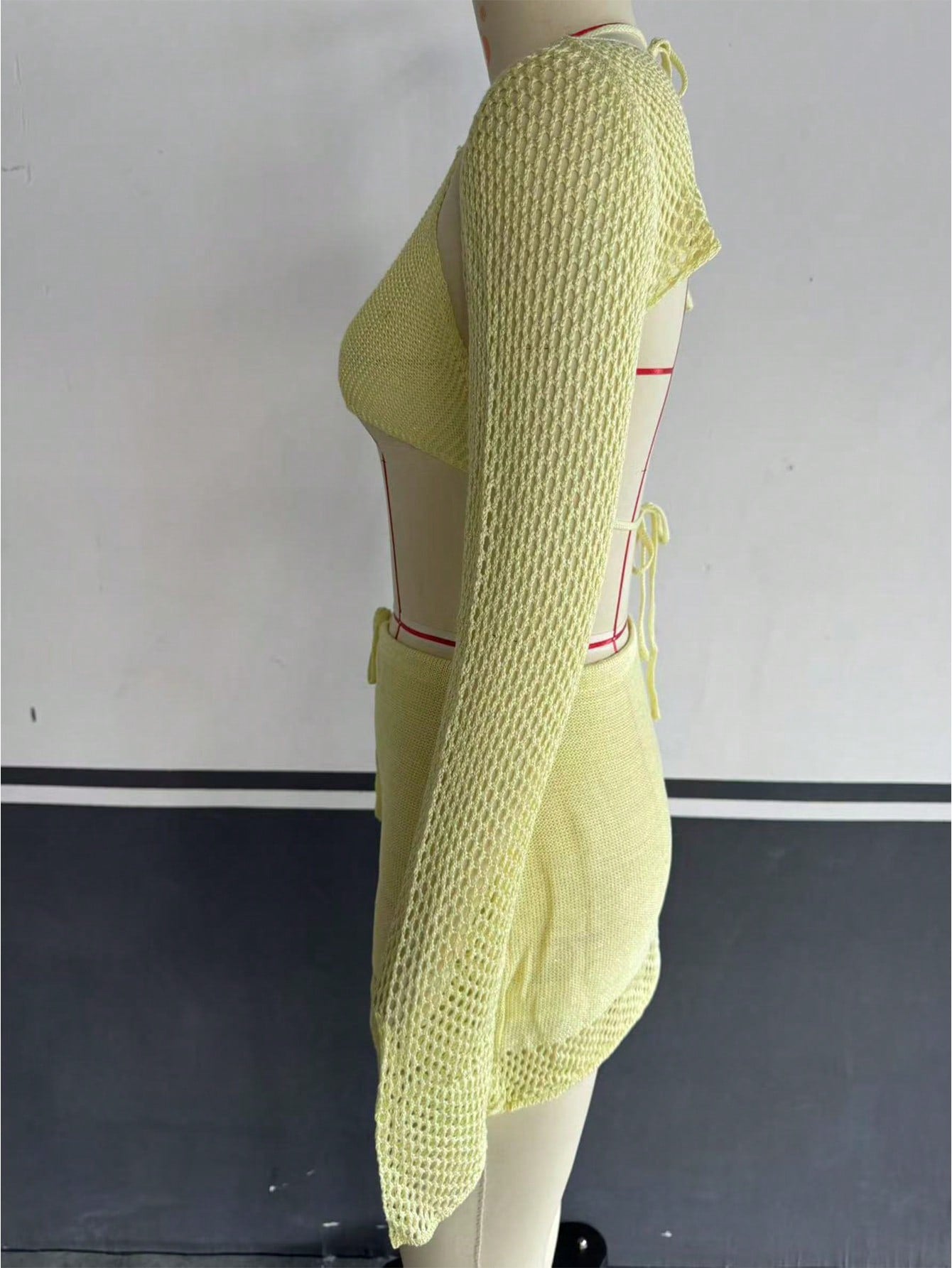 Women's Yellow Knit Two-Piece Set with Crop Top and Mini Skirt