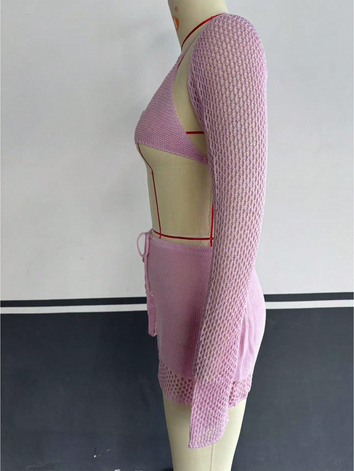 Women's Light Pink Knit Two-Piece Set with Crop Top and Mini Skirt