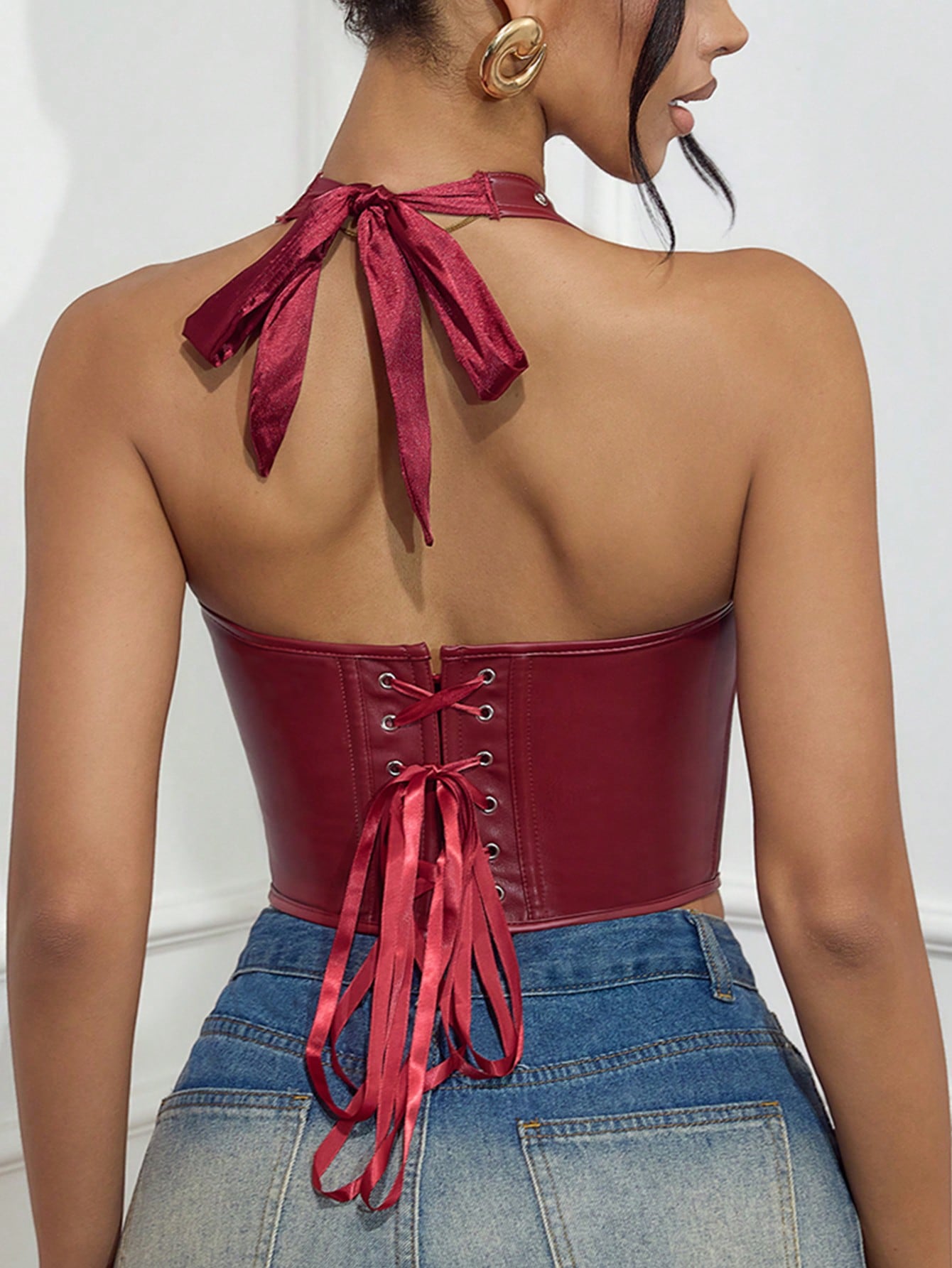 Women's Sexy Women's Wine Red Faux Leather Halter Corset Top Lace Up Bustier