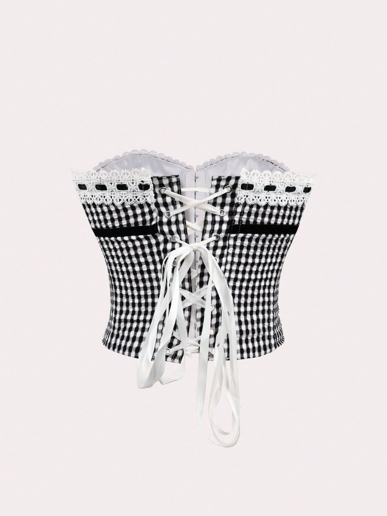 Women's Classic Black and White Gingham Corset Top with Lace Trim