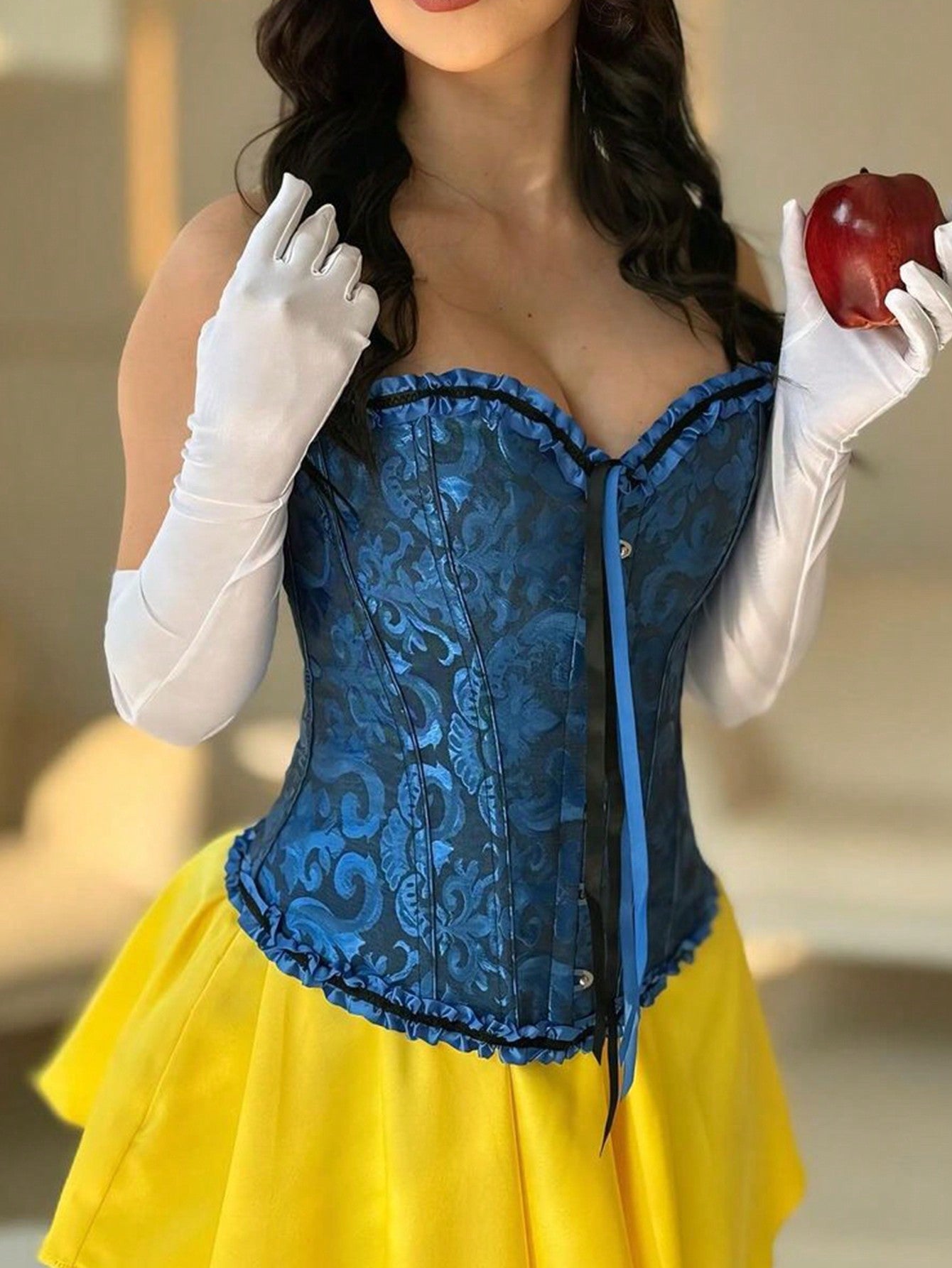 Women's Royal Blue Jacquard Ruffle Trim Overbust Corset Bustier