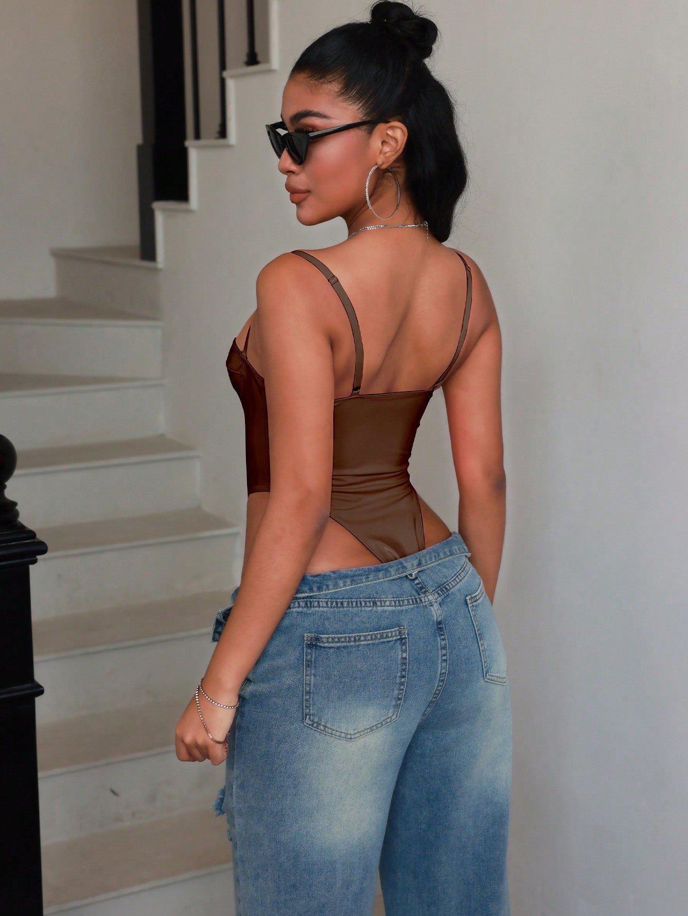 Women's Brown Satin Strappy Bodysuit - Chic Casual & Versatile Fashion Statement Piece