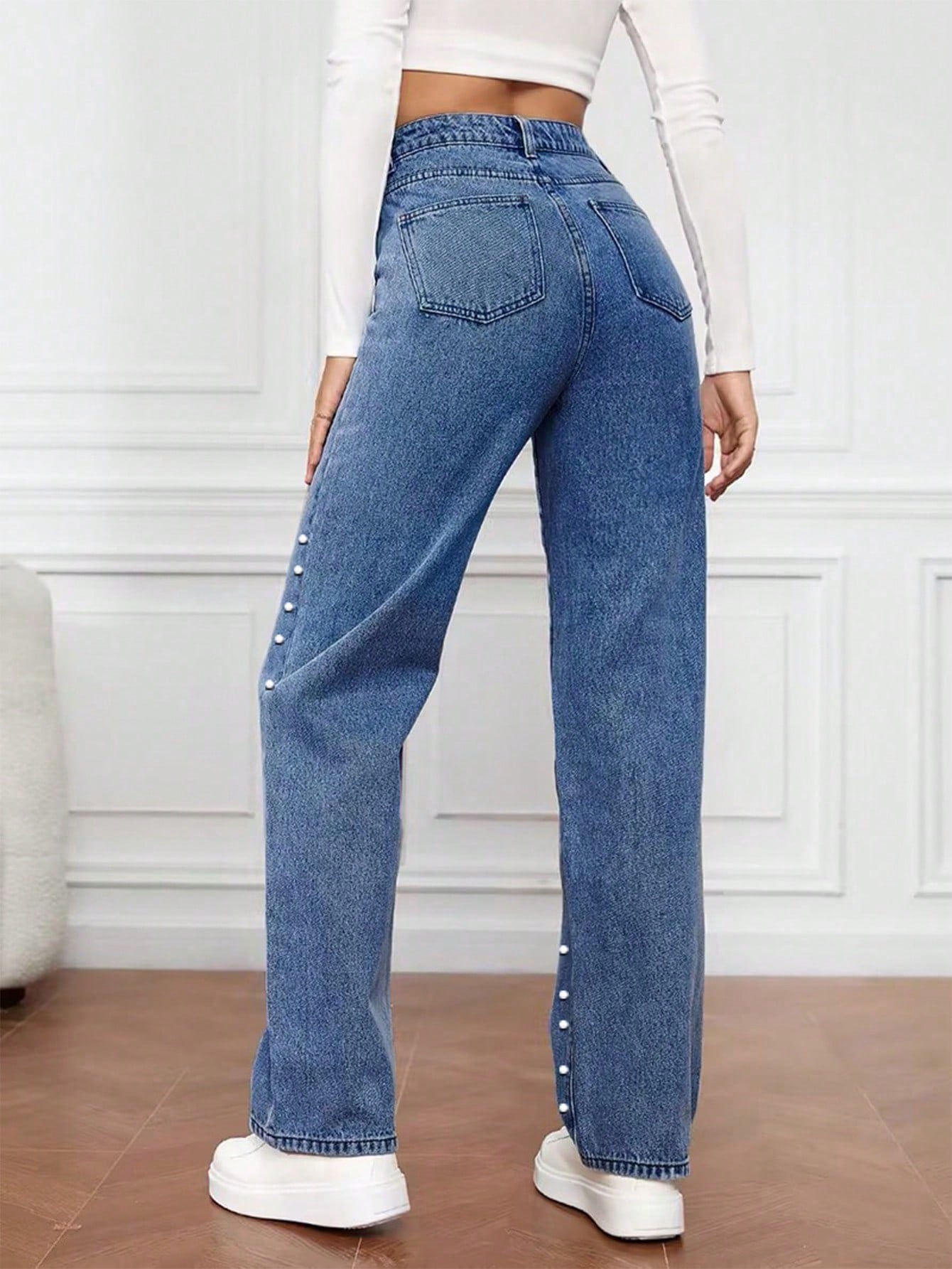 Women's Blue Viscose Blend High-Waisted Pearl Embellished Wide-Leg Denim Jeans