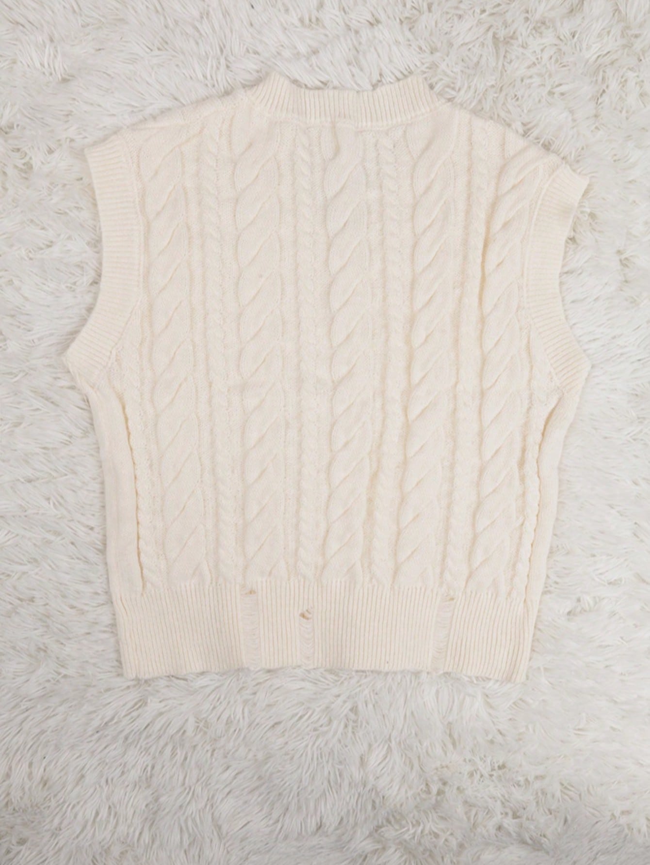 Women's White Polyester V-Neck Cable Knit Oversized Sweater Vest